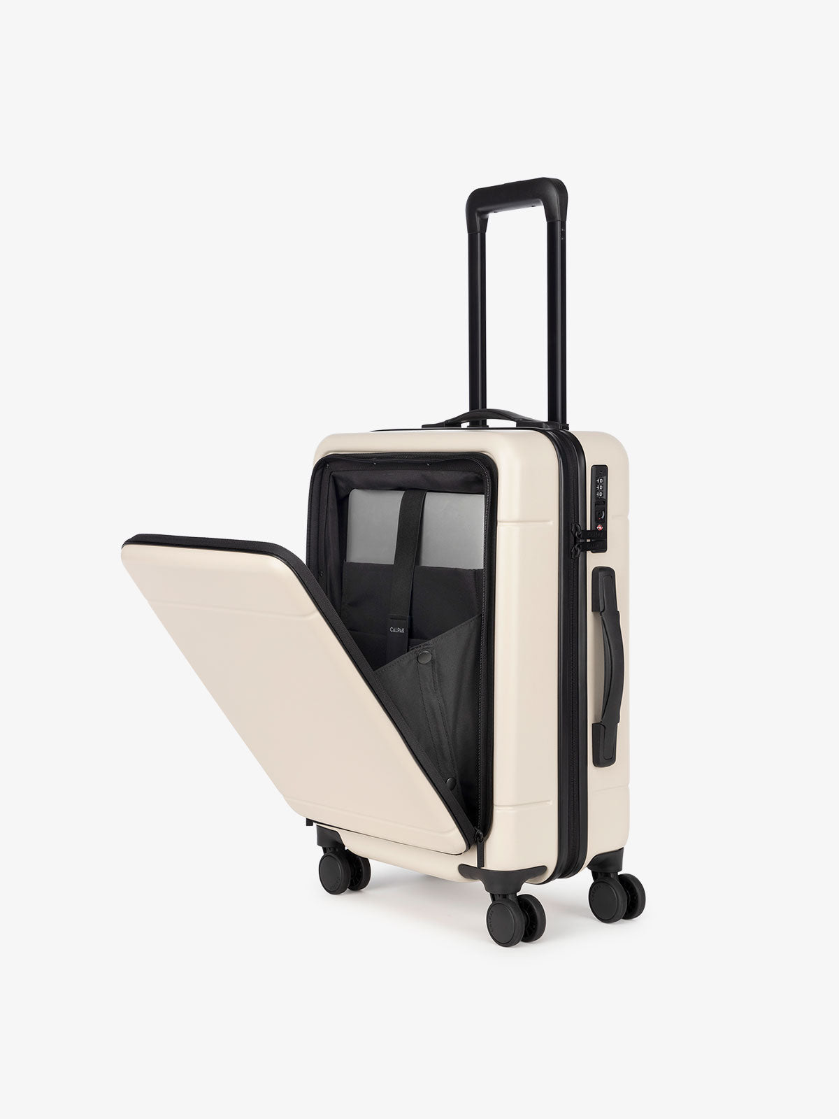 linen CALPAK Hue hard shell carry-on spinner cream luggage with laptop compartment