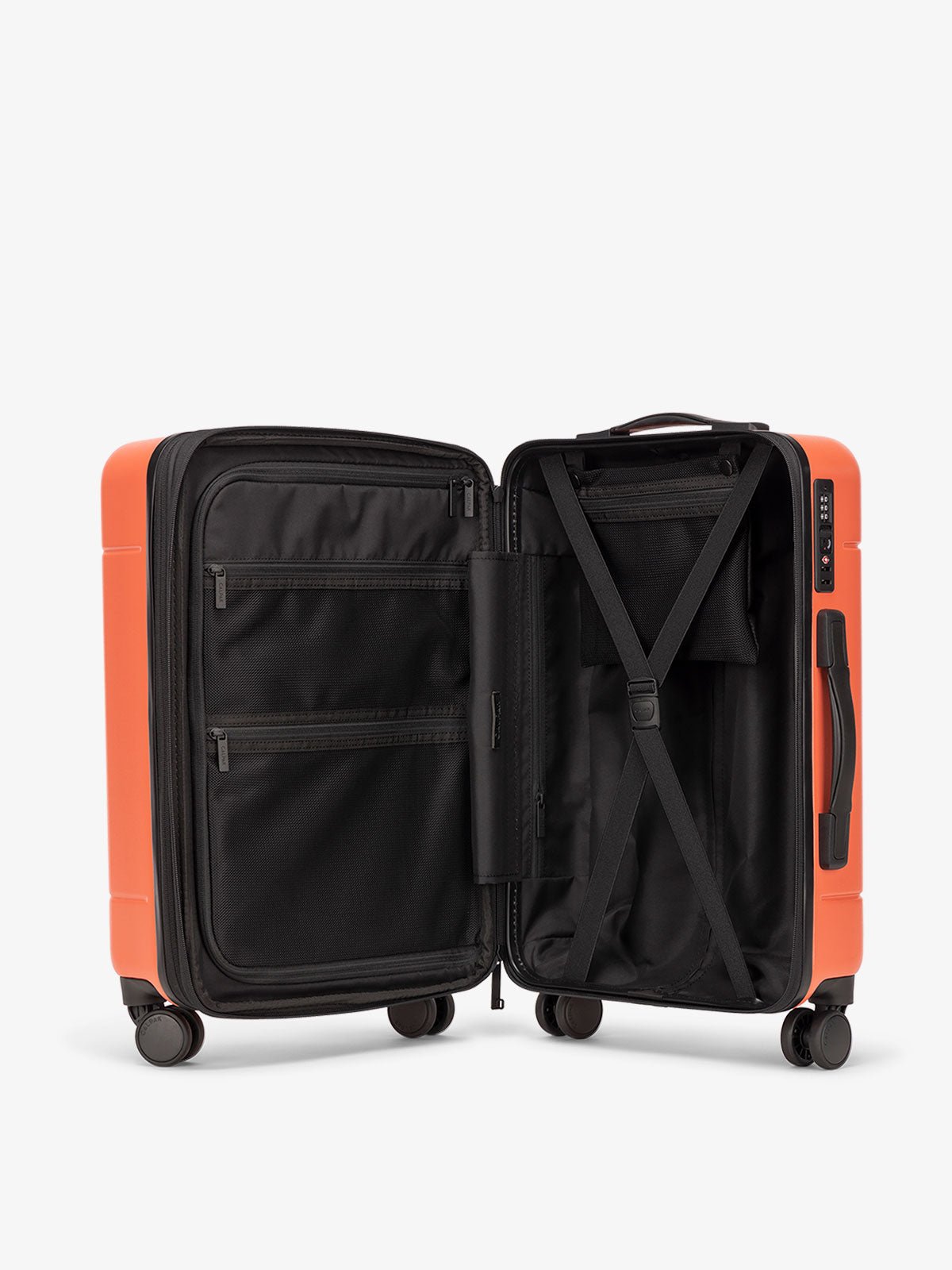 Interior of Hue rolling carry-on suitcase in red poppy