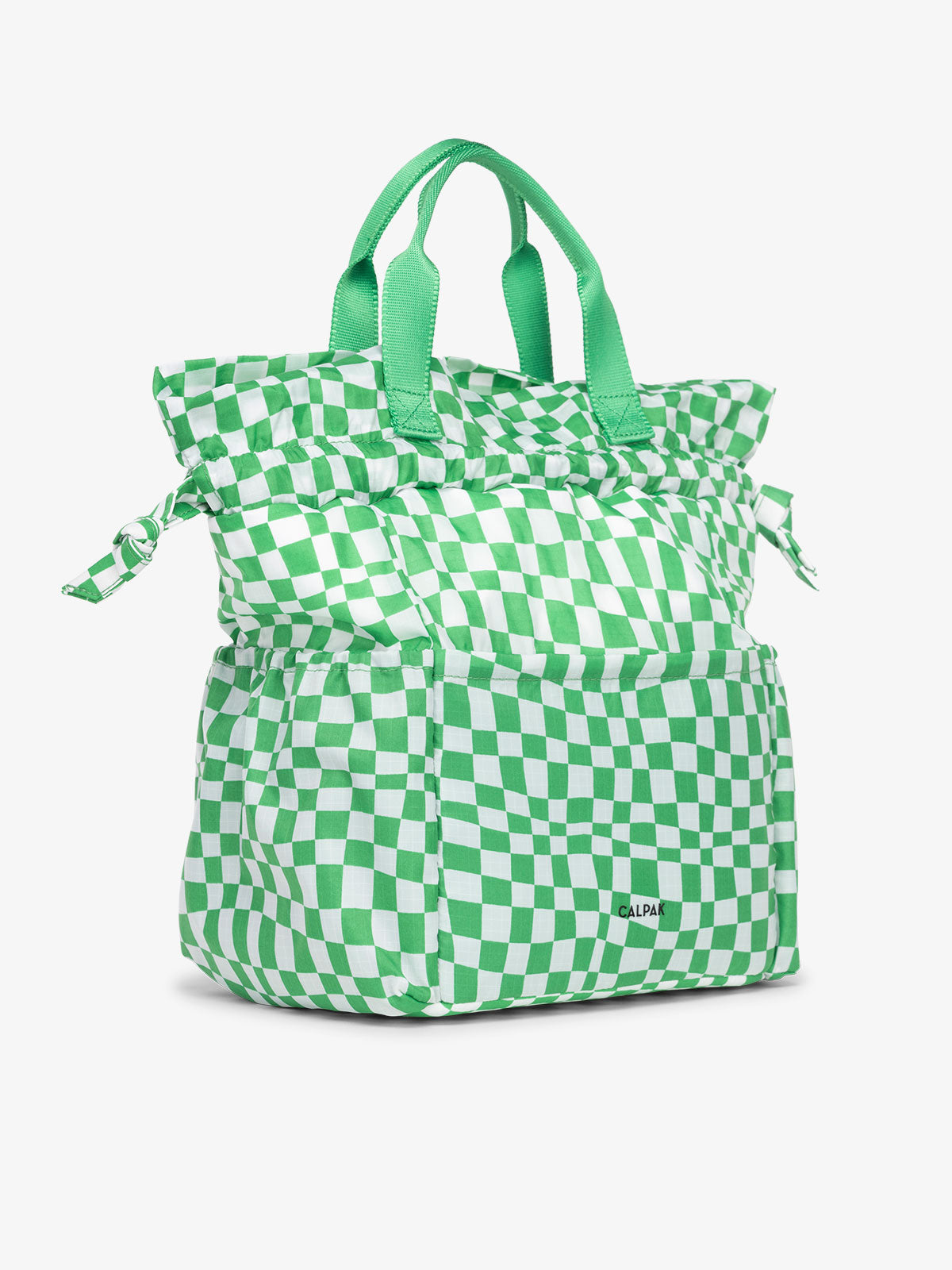 CALPAK Insulated Lunch Bag for men with multiple pockets and drawstring closure in green checker print