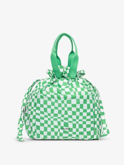 CALPAK Insulated Lunch Bag in green checkerboard print; ALB2001-GREEN-CHECKERBOARD