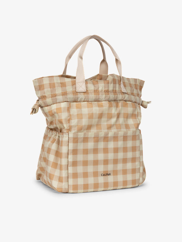 CALPAK insulated brown and cream checkered print stylish lunch bag
