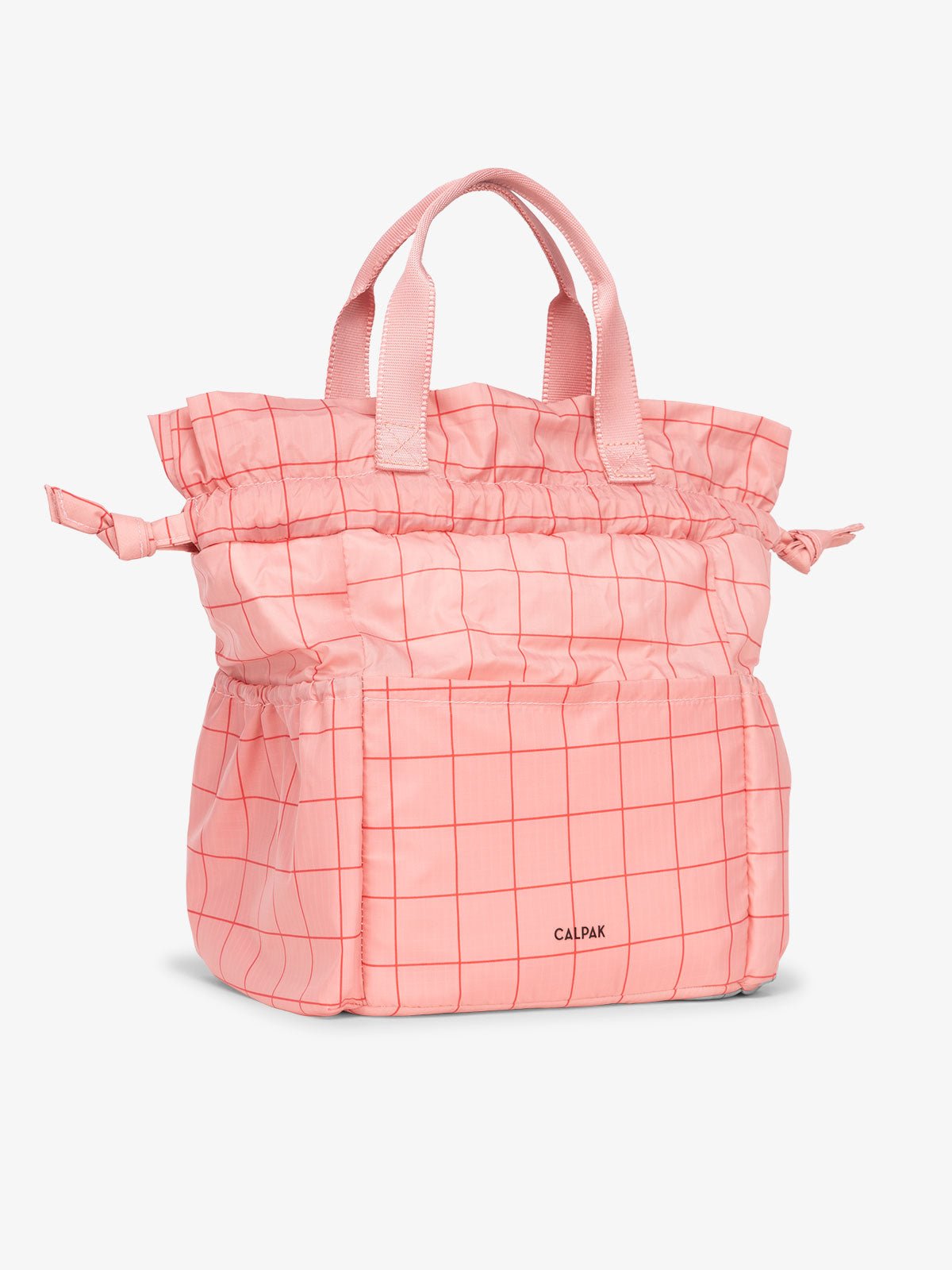 CALPAK Insulated Lunch Bag for men with multiple pockets and drawstring closure in pink grid
