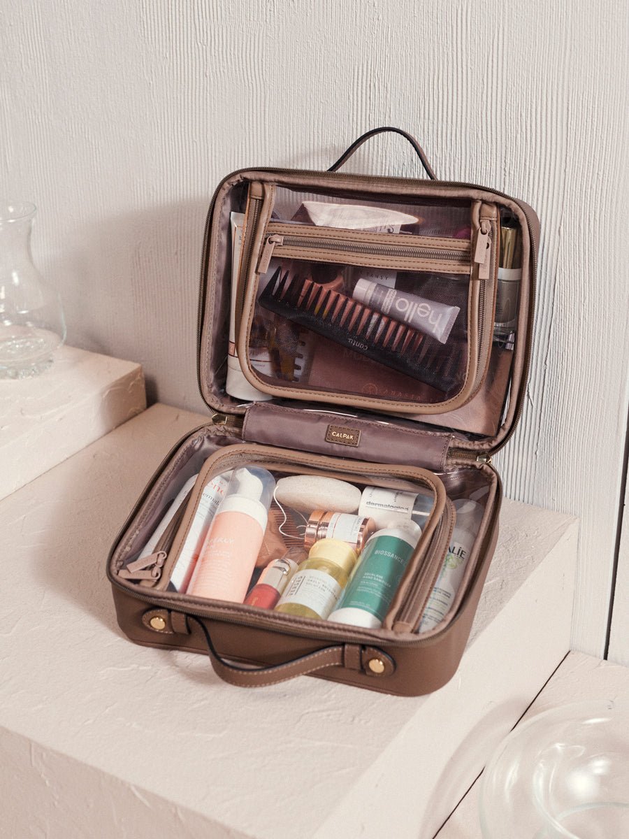 large clear cosmetics case with compartments in mocha