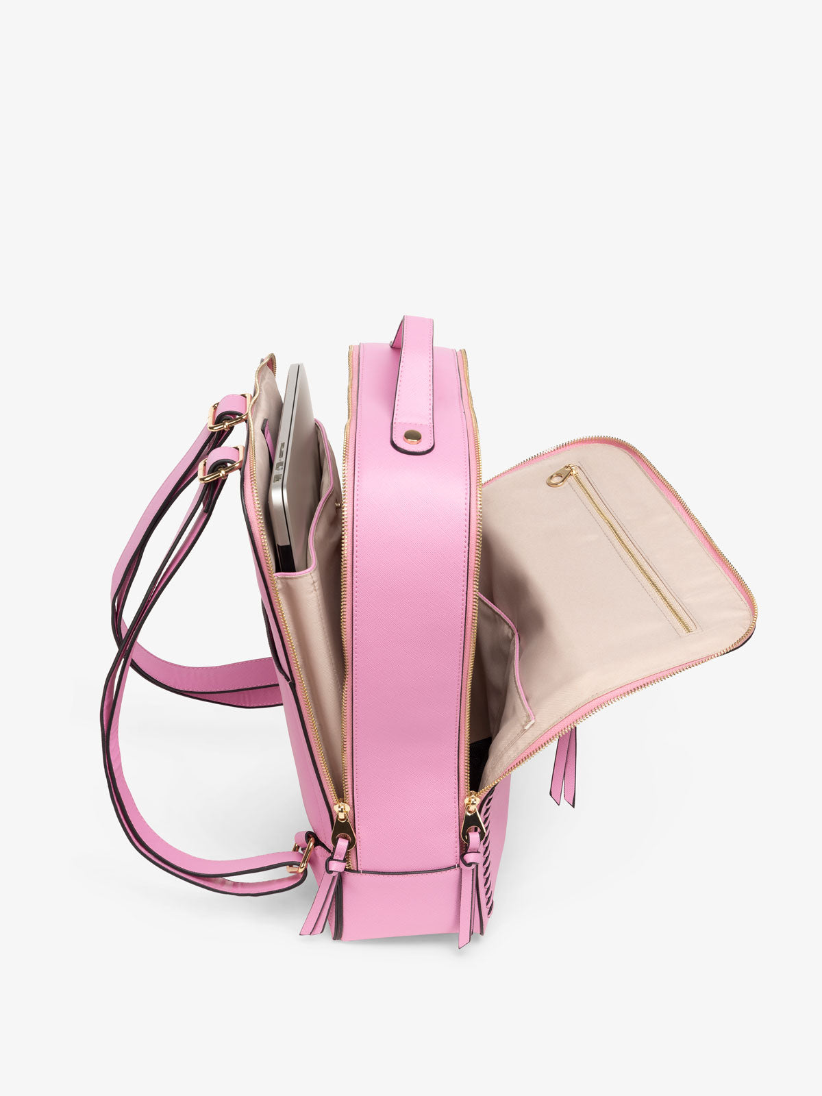 compartments for Kaya laptop backpack in pink guava