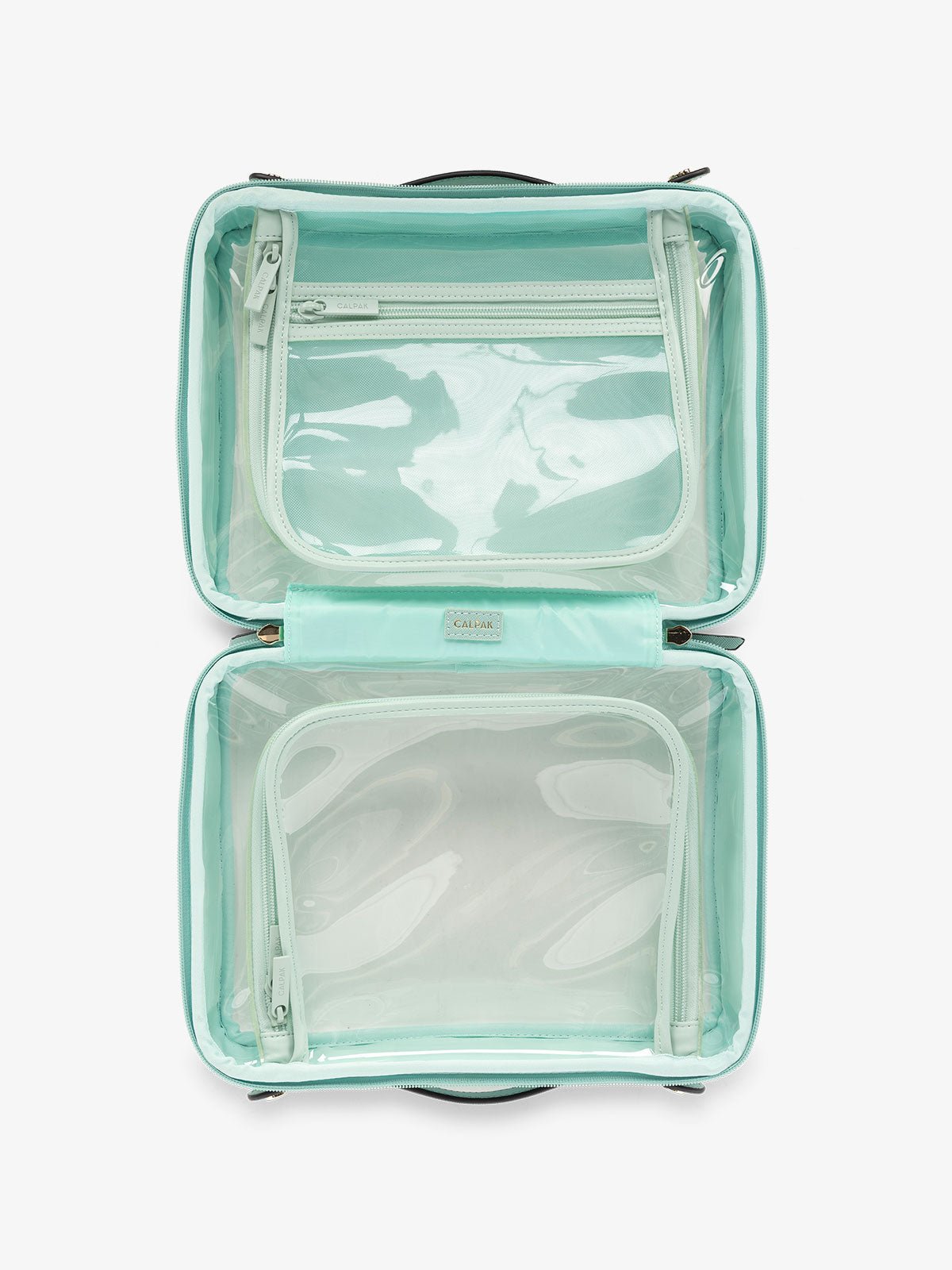 CALPAK clear case with dual handles and mesh interior compartment in light blue