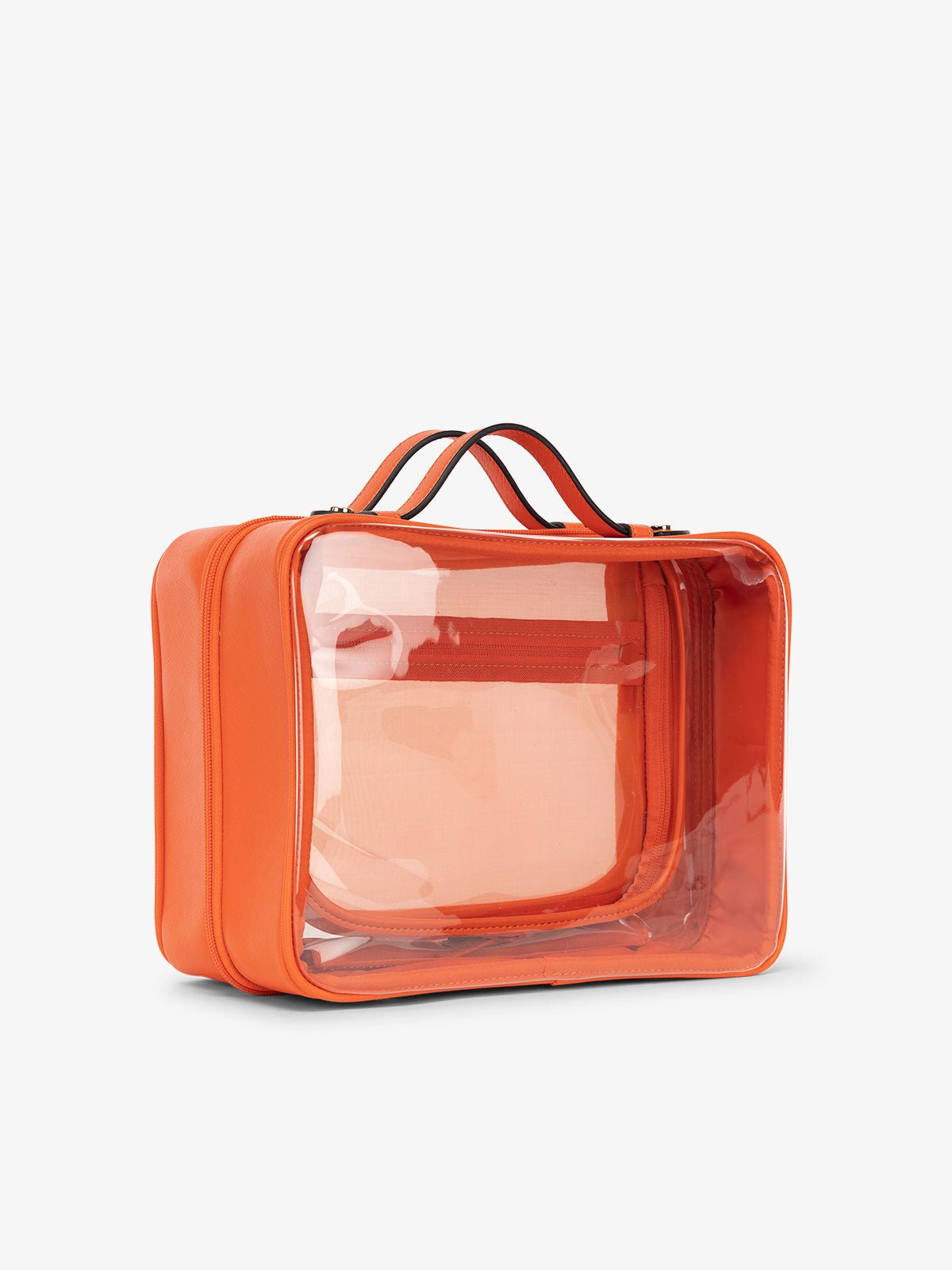 CALPAK large clear skincare bag with multiple zippered compartments in orange
