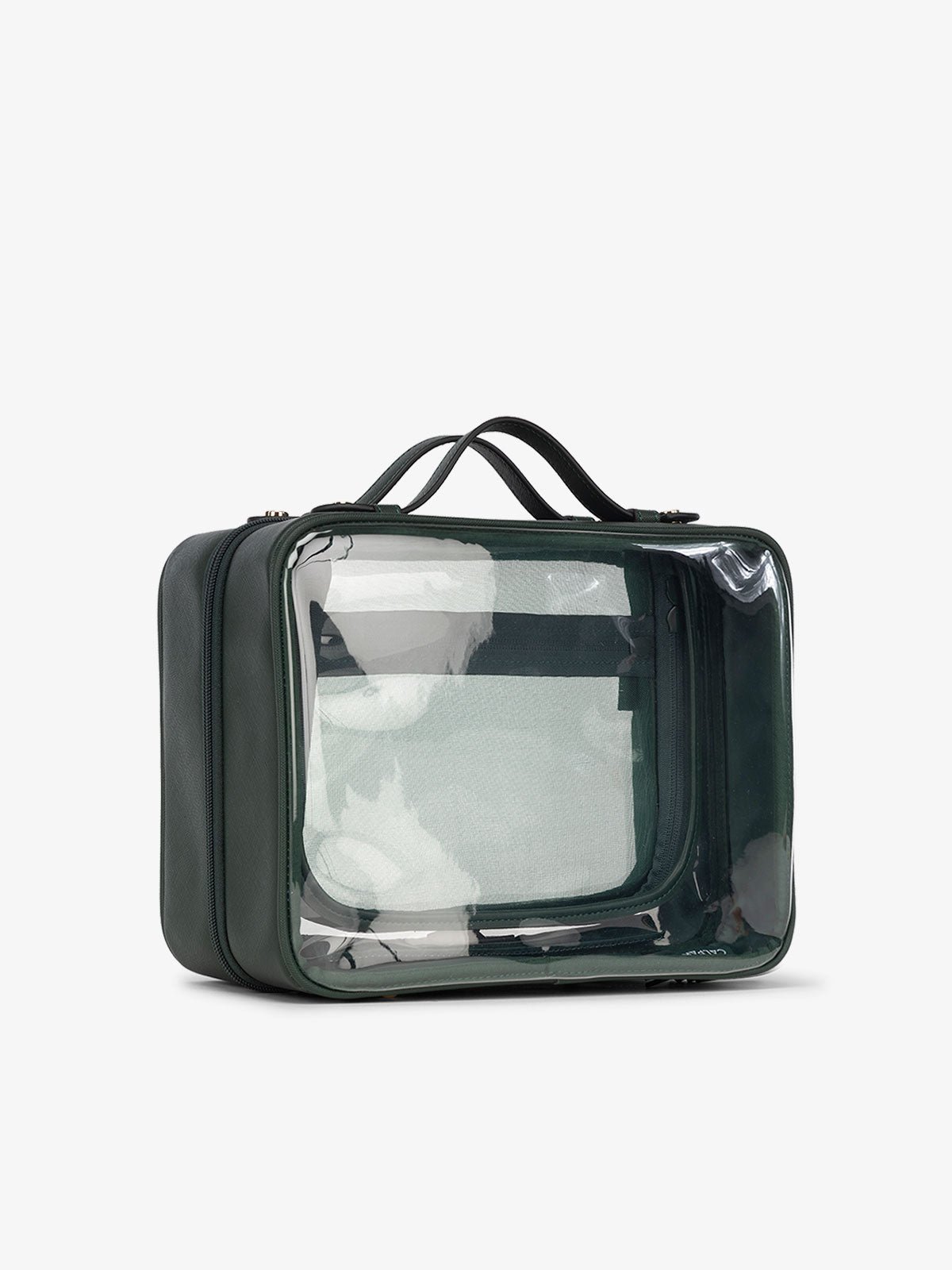 CALPAK clear case with dual handles and mesh interior compartment in emerald