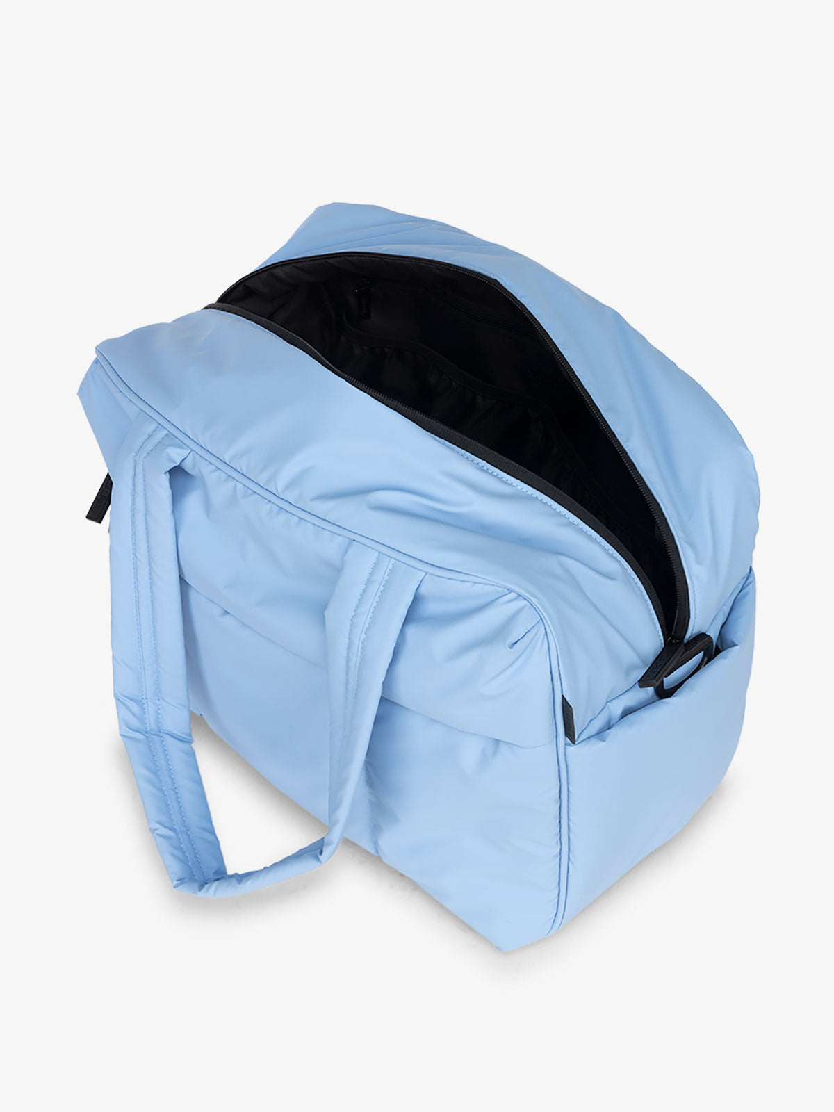 CALPAK Water Resistant Luka Duffle Bag with multiple pockets and top handles in light blue