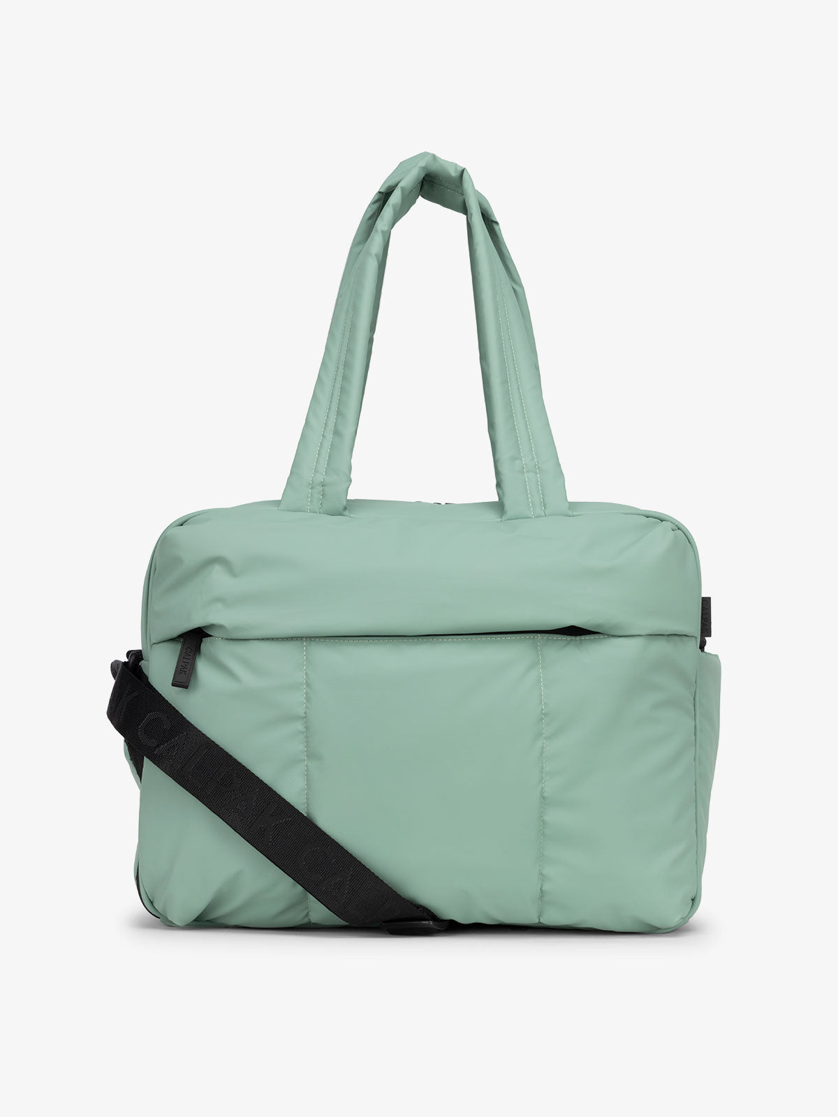 CALPAK Luka Duffel puffy Bag with detachable strap and zippered front pocket in sage green