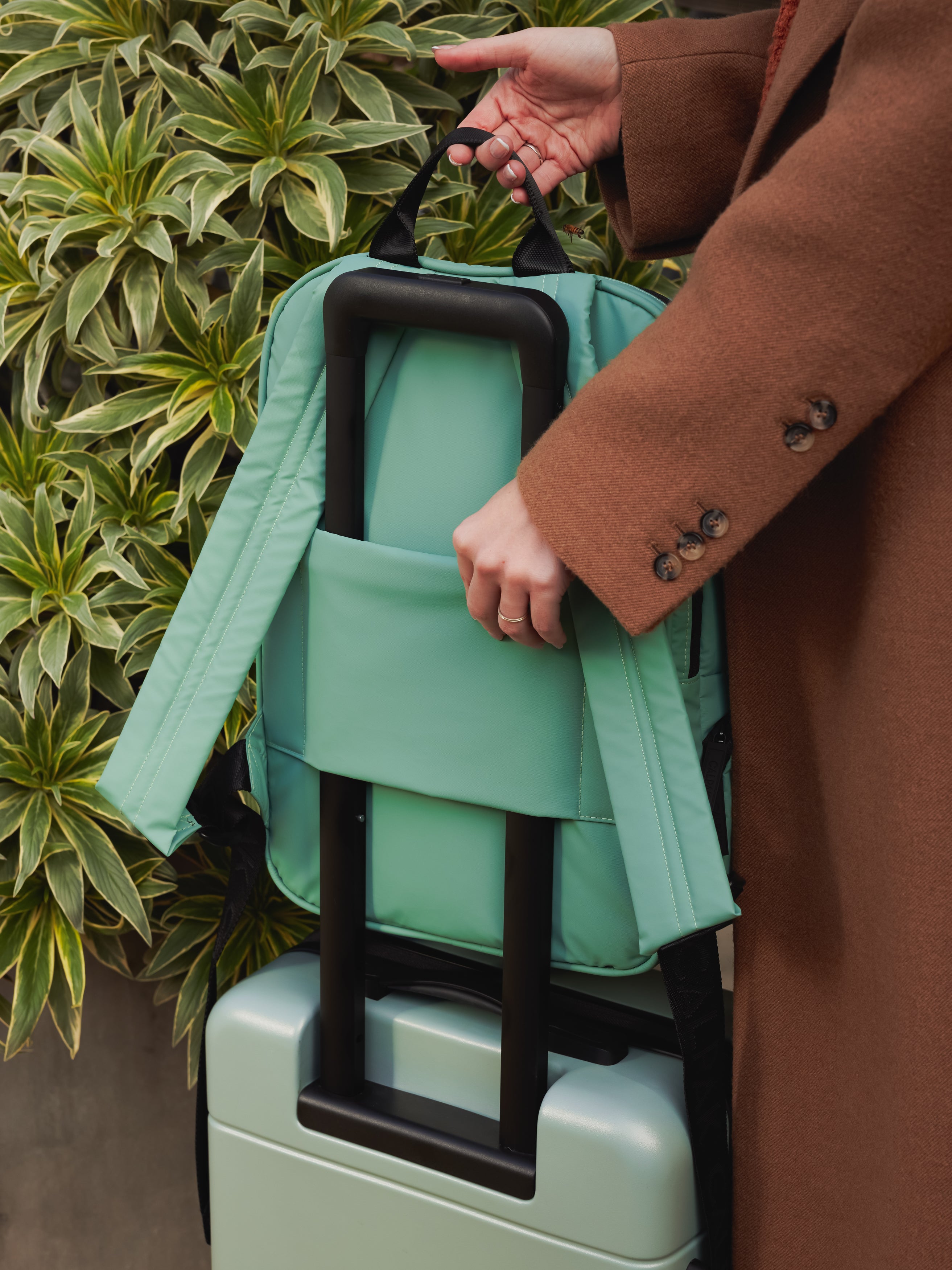 CALPAK Luka Laptop Backpack with adjustable shoulder straps and luggage sleeve in sage green