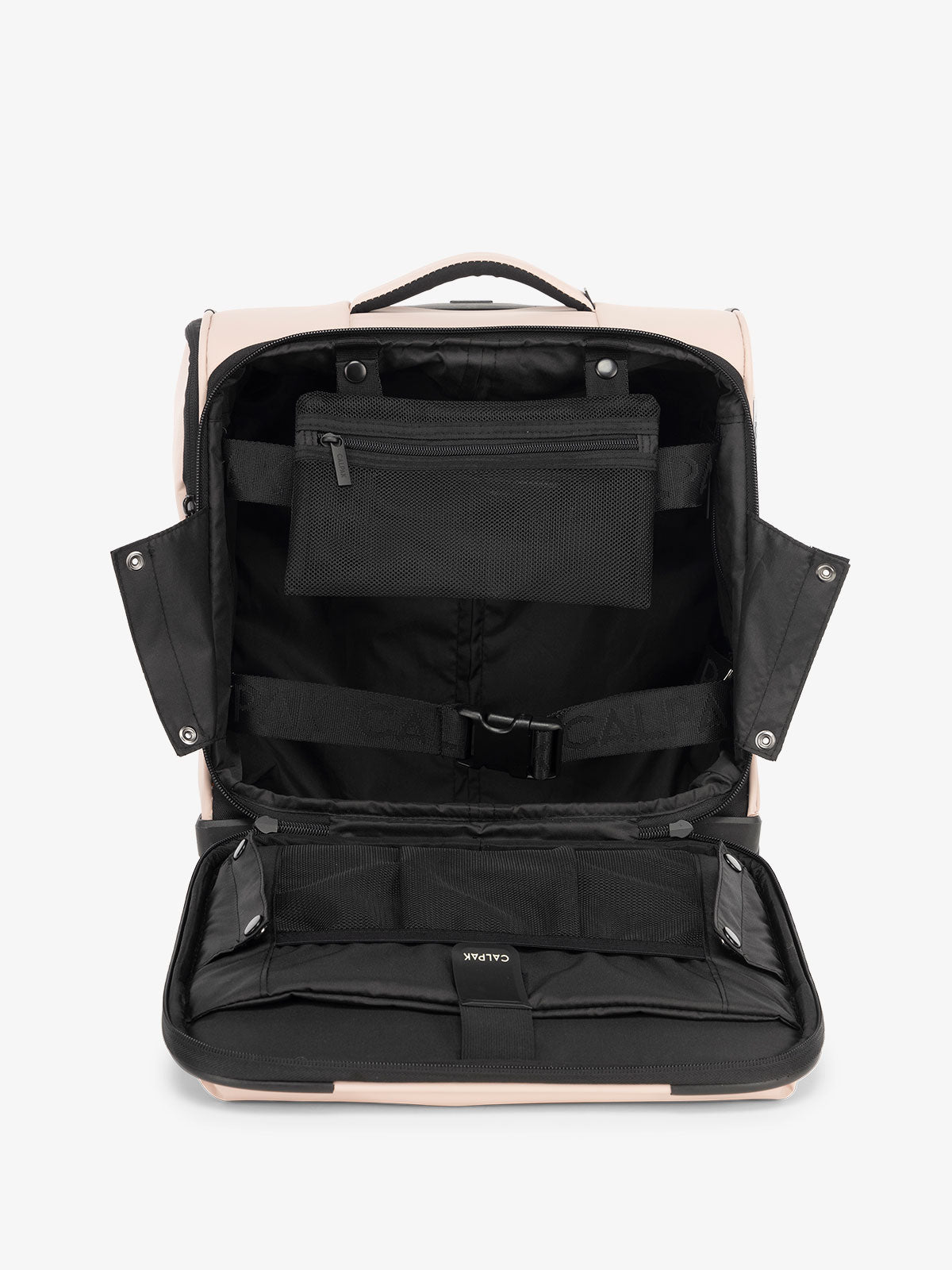 CALPAK Luka mini soft sided carry-on suitcase with laptop compartment and multiple interior pockets in rose quartz