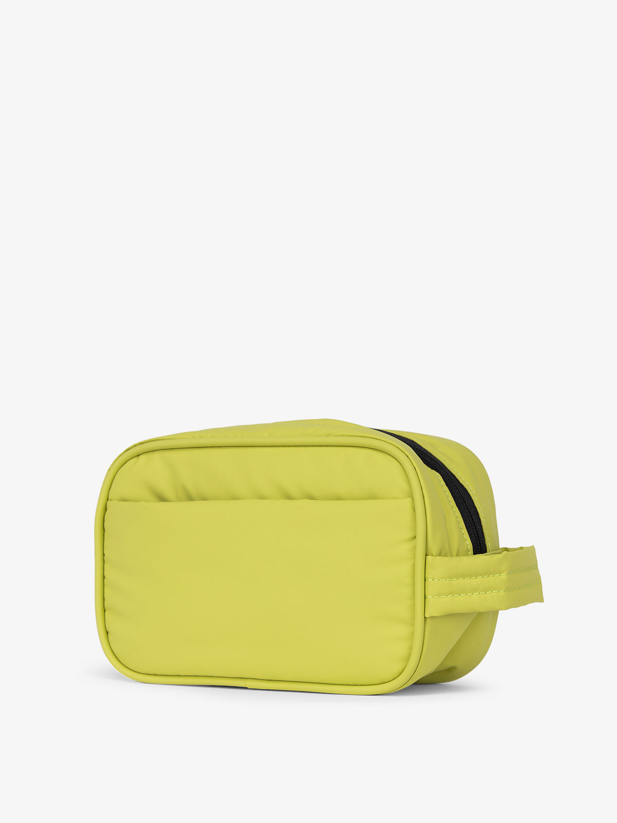 back of toiletry bag for makeup in celery green
