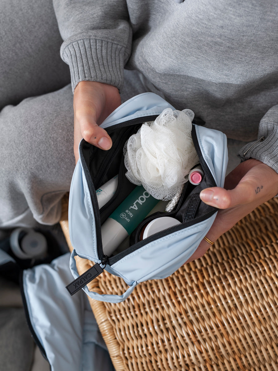 blue toiletry bag for traveling