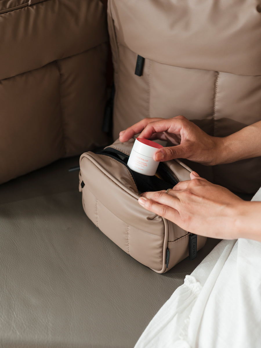 brown toiletry bag for skincare