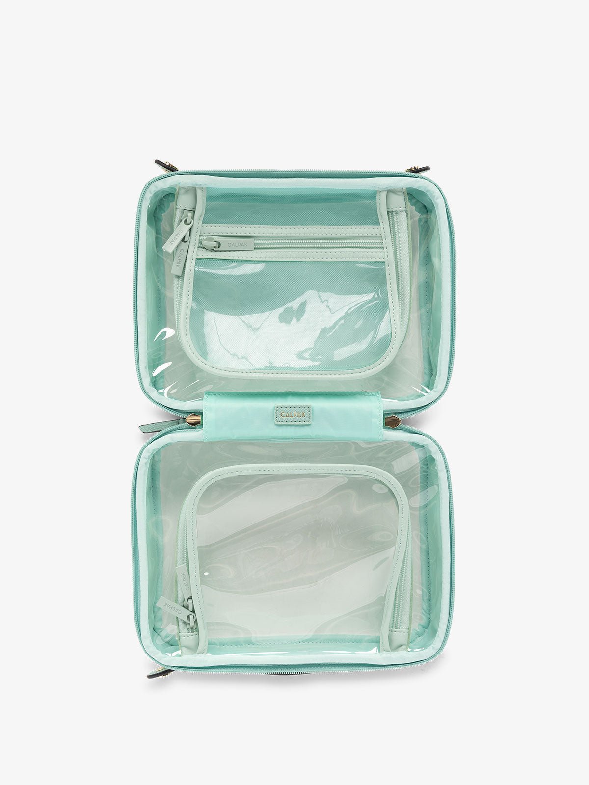 CALPAK clear travel makeup bag with zippered compartments in light blue