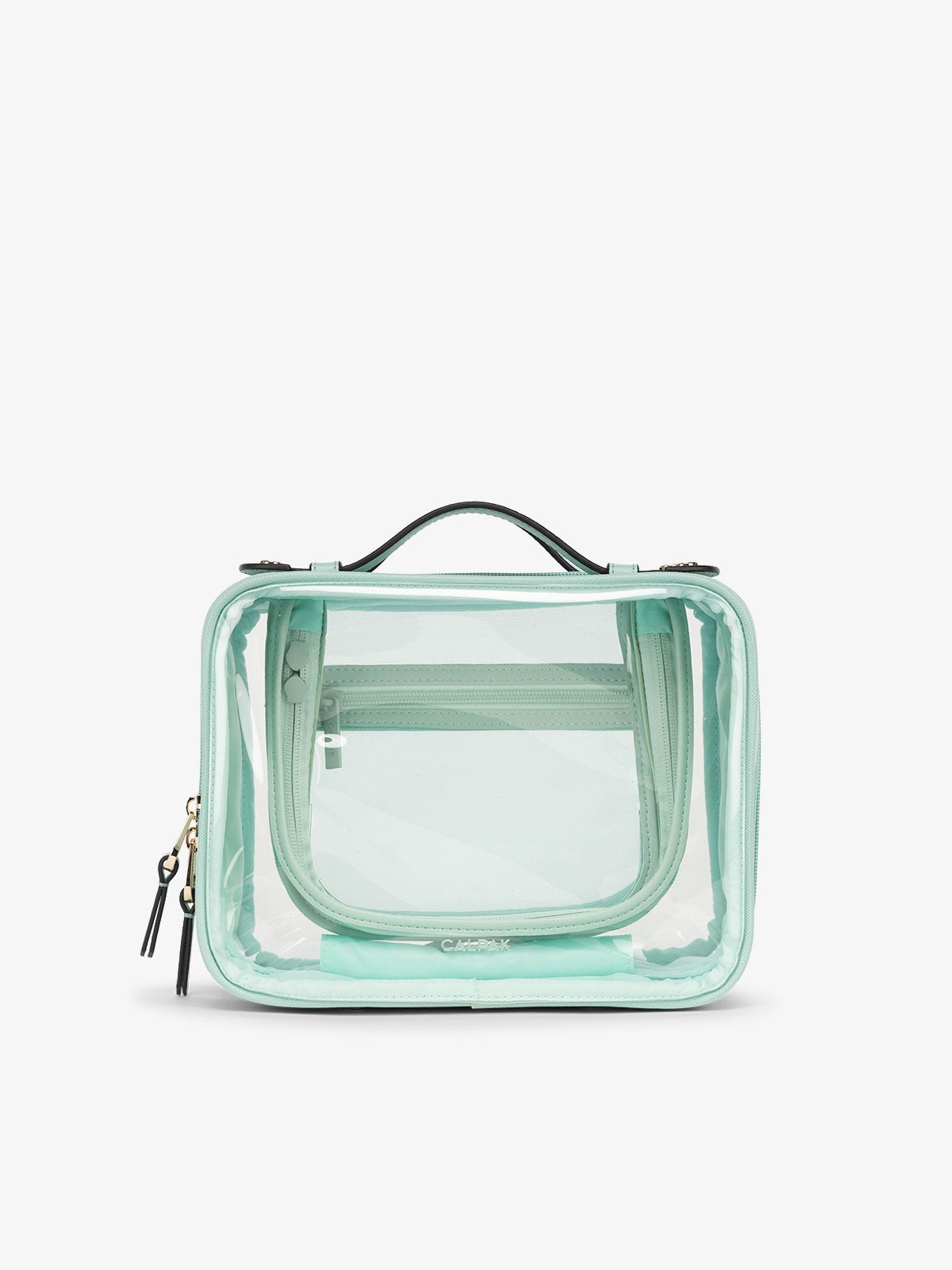 CALPAK Clear makeup bag with zippered compartments in aqua