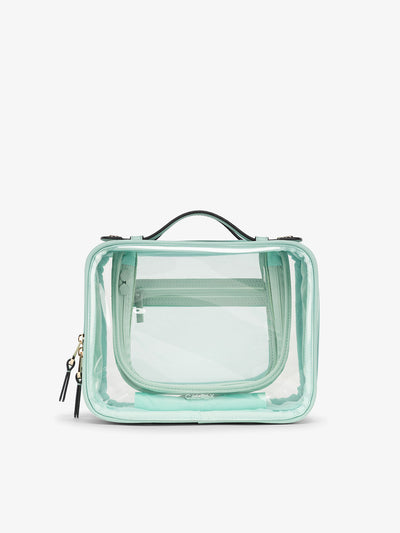 CALPAK Clear makeup bag with zippered compartments in aqua; CMM2201-AQUA