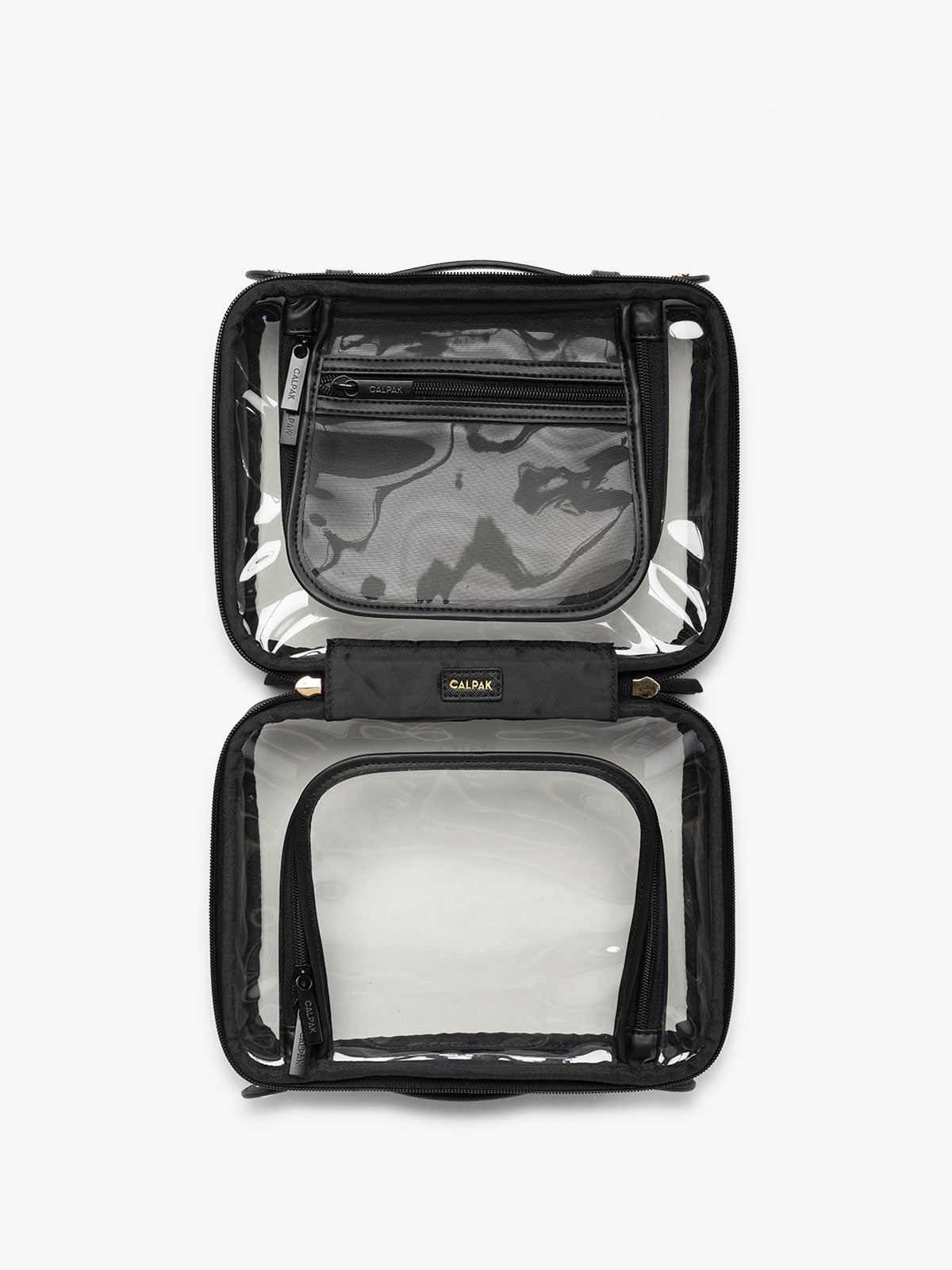 CALPAK medium clear skincare bag with multiple zippered compartments in black