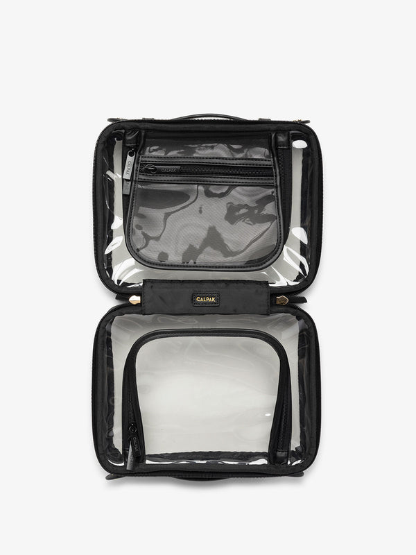 CALPAK medium clear skincare bag with multiple zippered compartments in black