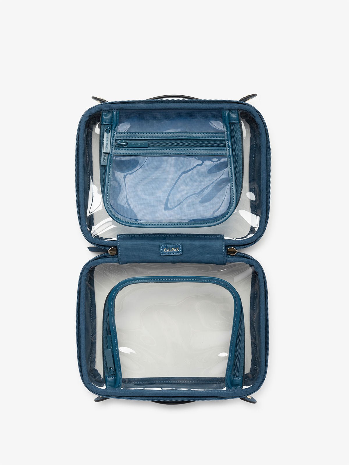 CALPAK clear skincare bag with multiple zippered compartments in dark blue