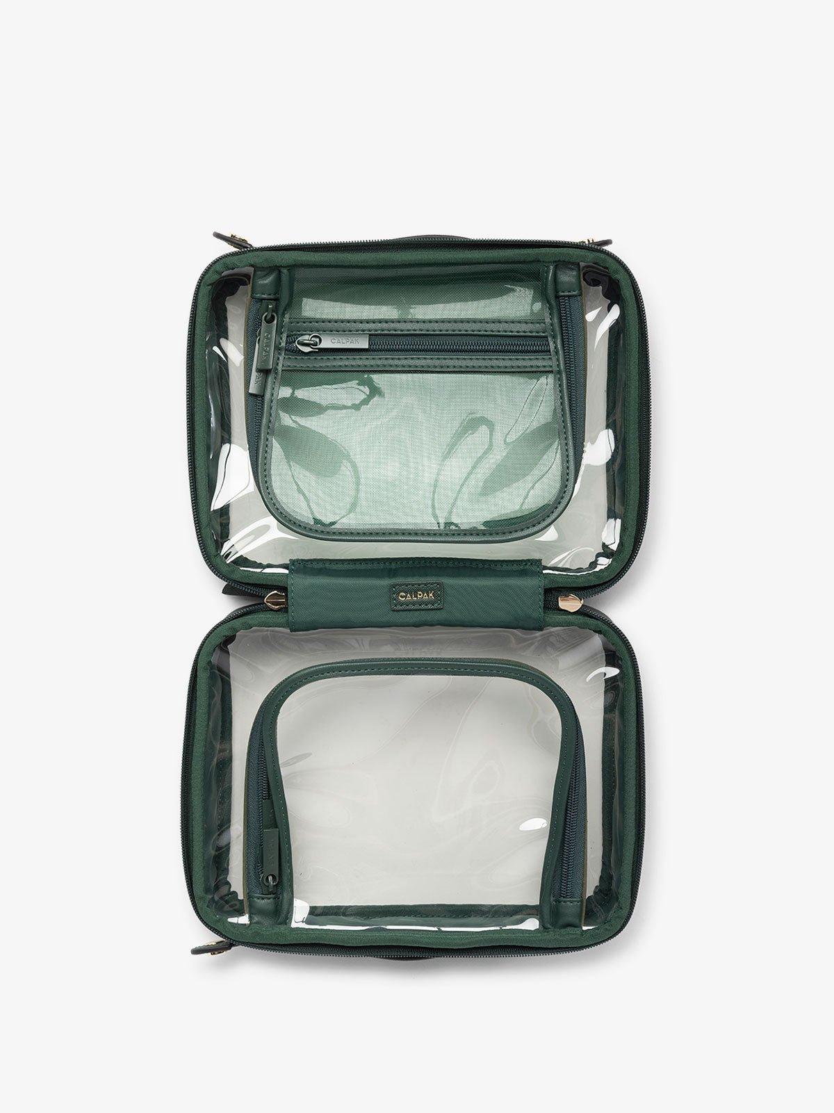 CALPAK clear travel makeup bag with compartments in emerald green