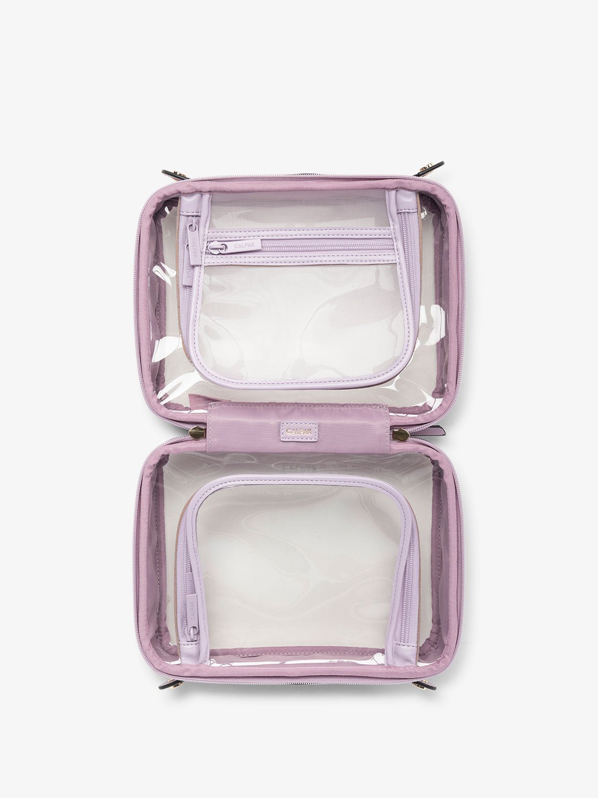 CALPAK  clear travel makeup bag with compartments in lavender