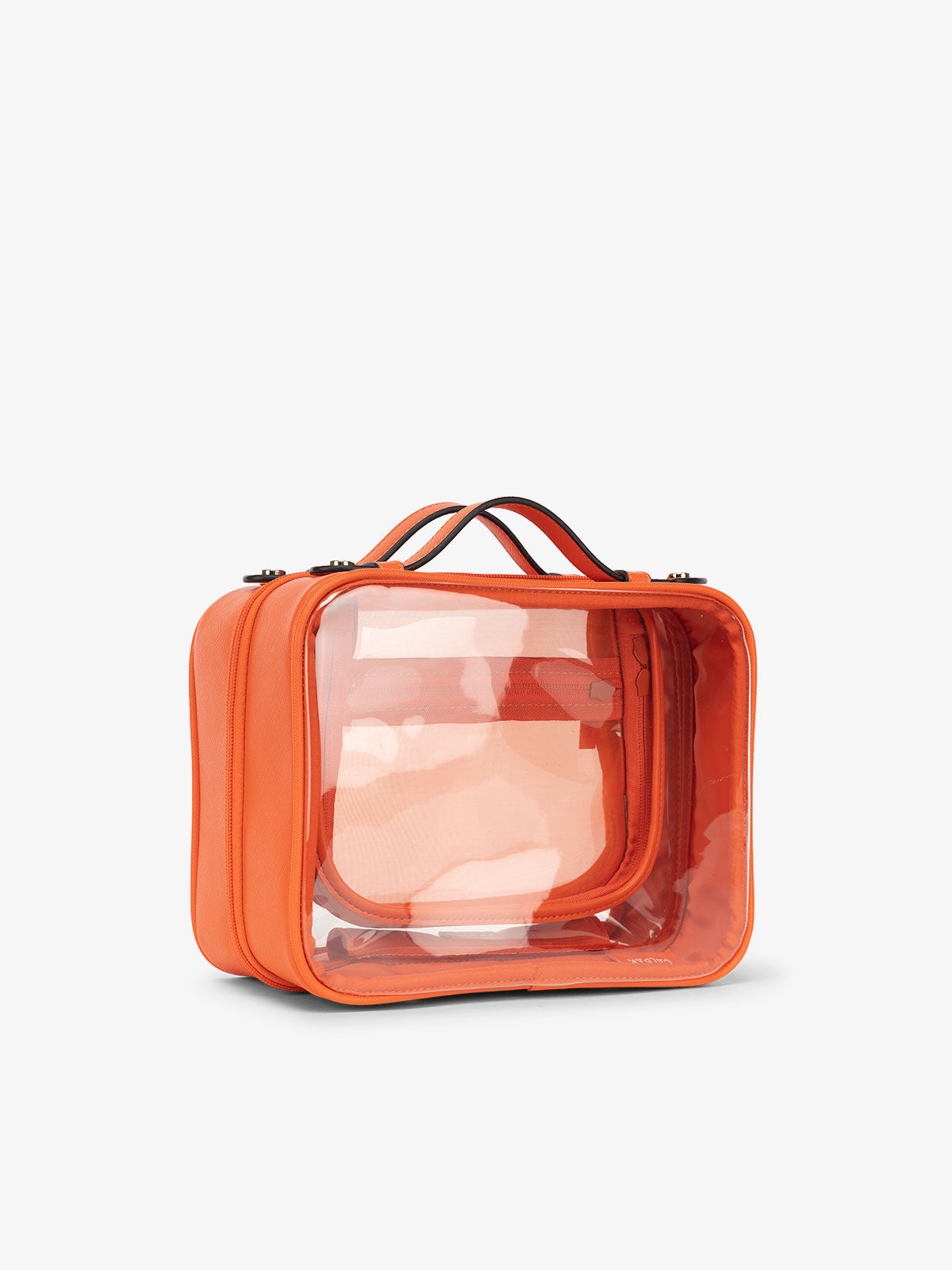 CALPAK medium clear cosmetics case with sturdy handles in  papaya orange