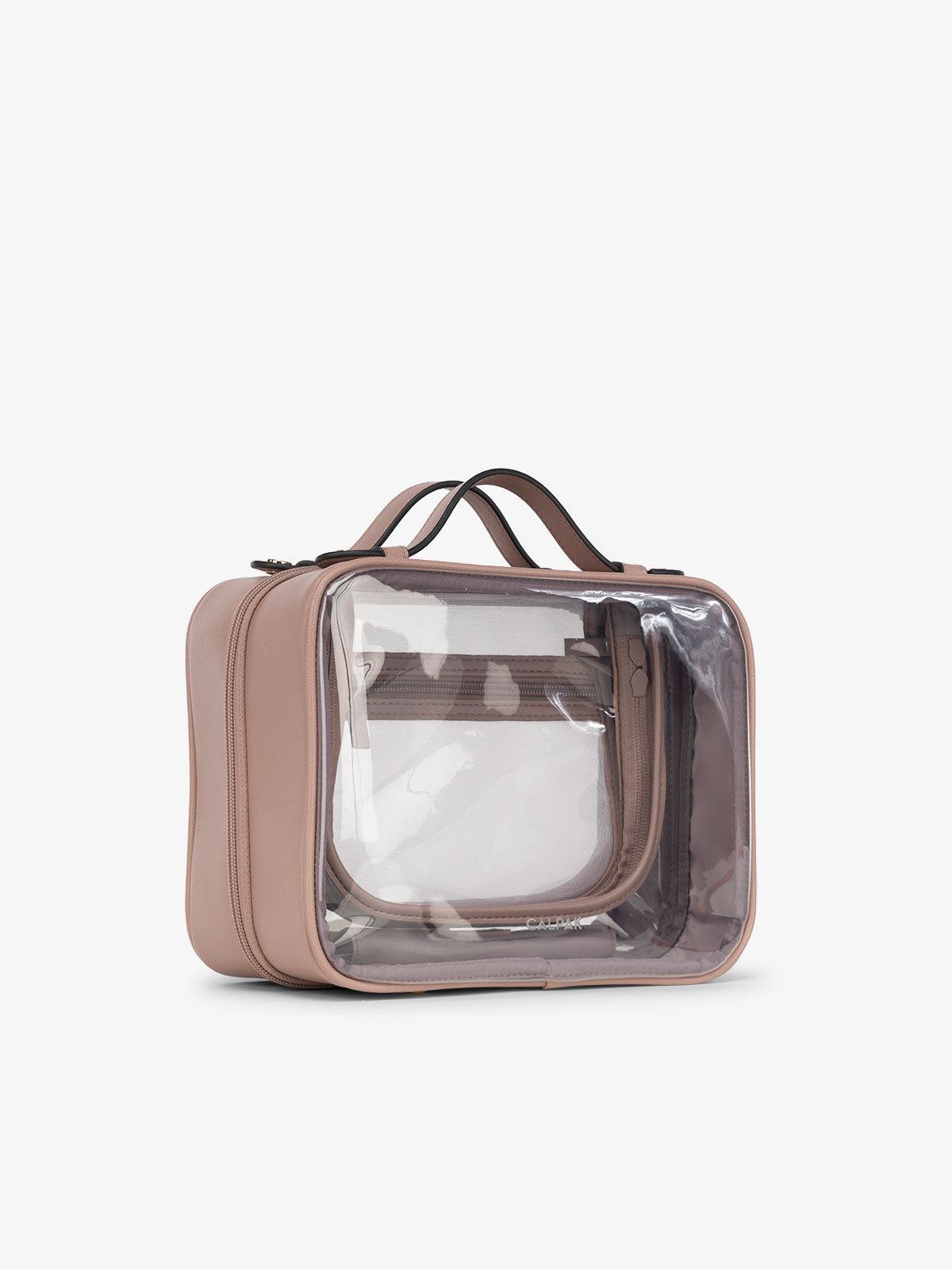 CALPAK medium clear cosmetics case with sturdy handles and zippered compartments for travel in mauve