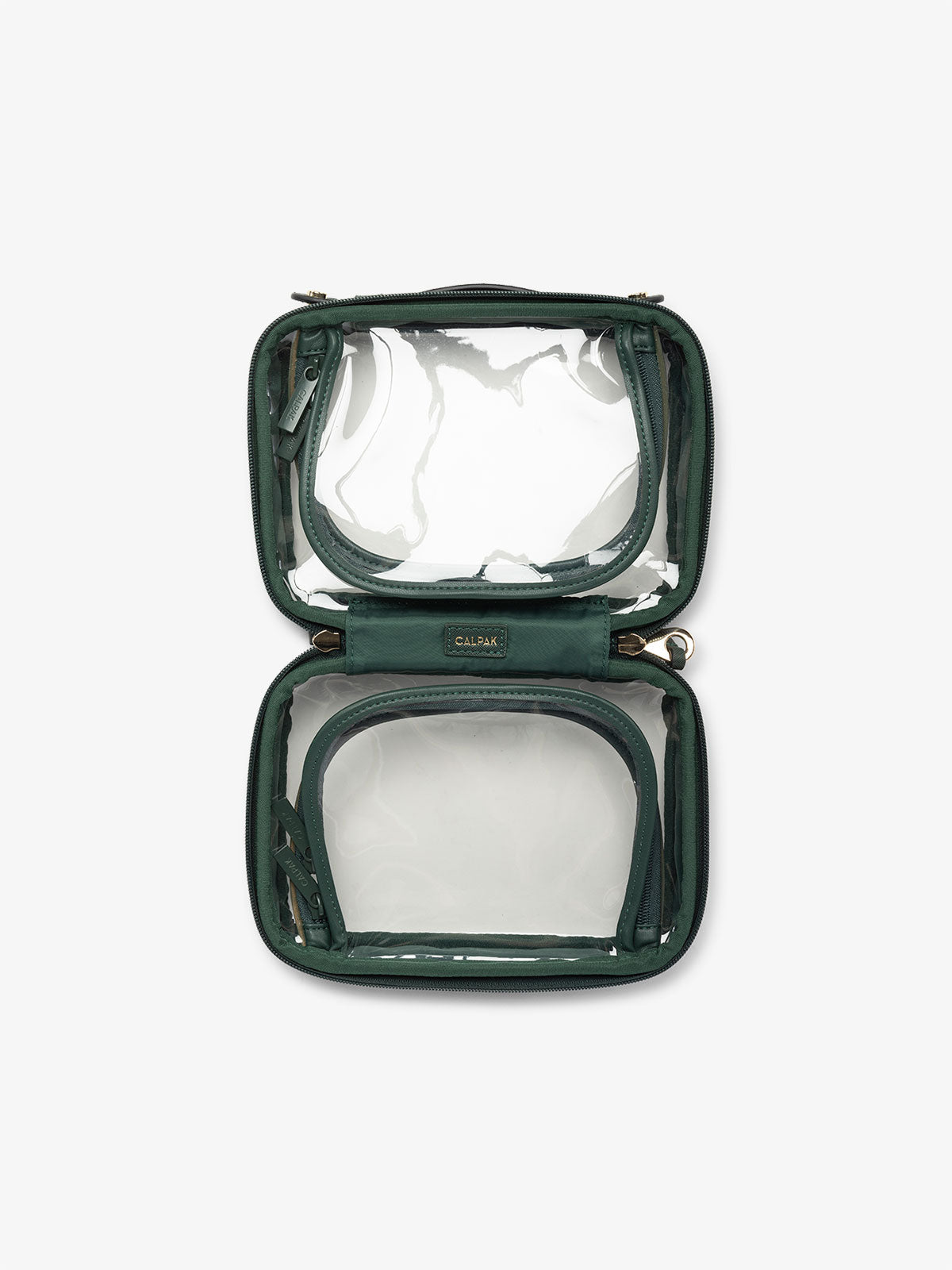CALPAK small clear travel makeup bag with compartments in emerald green