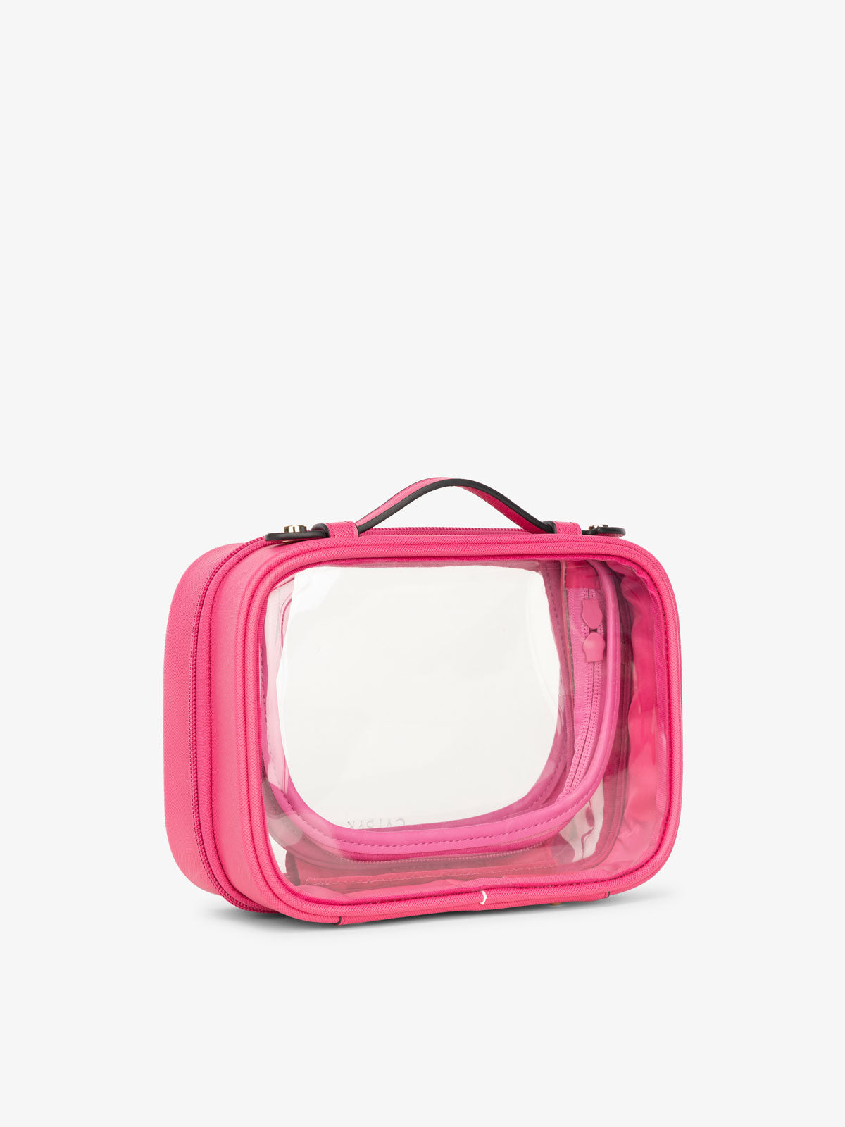 small clear cosmetics case in pink dragonfruit