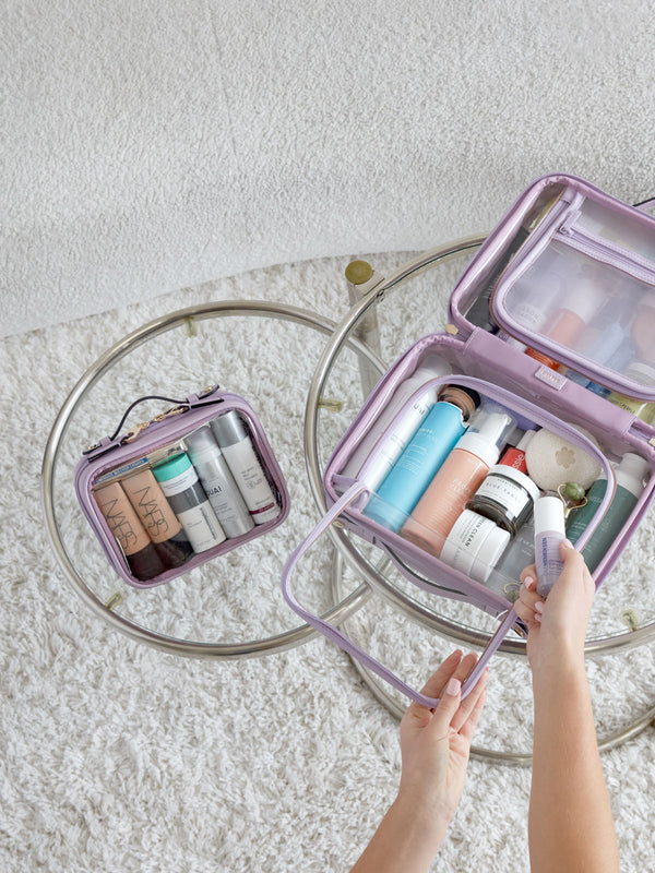 transparent cosmetic bag in lavender purple