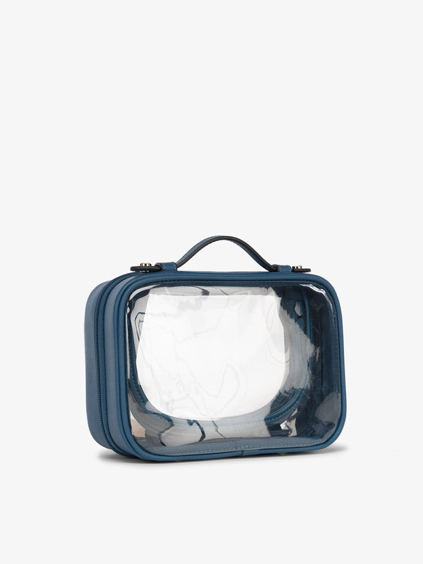 CALPAK small water resistant clear cosmetics case with sturdy handles in dark blue