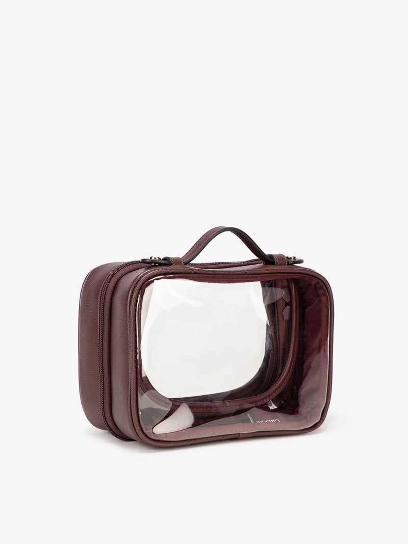 CALPAK small clear cosmetics case with zippered compartments in burgundy