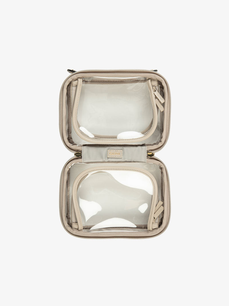 CALPAK clear cosmetic case for travel with zippered compartments