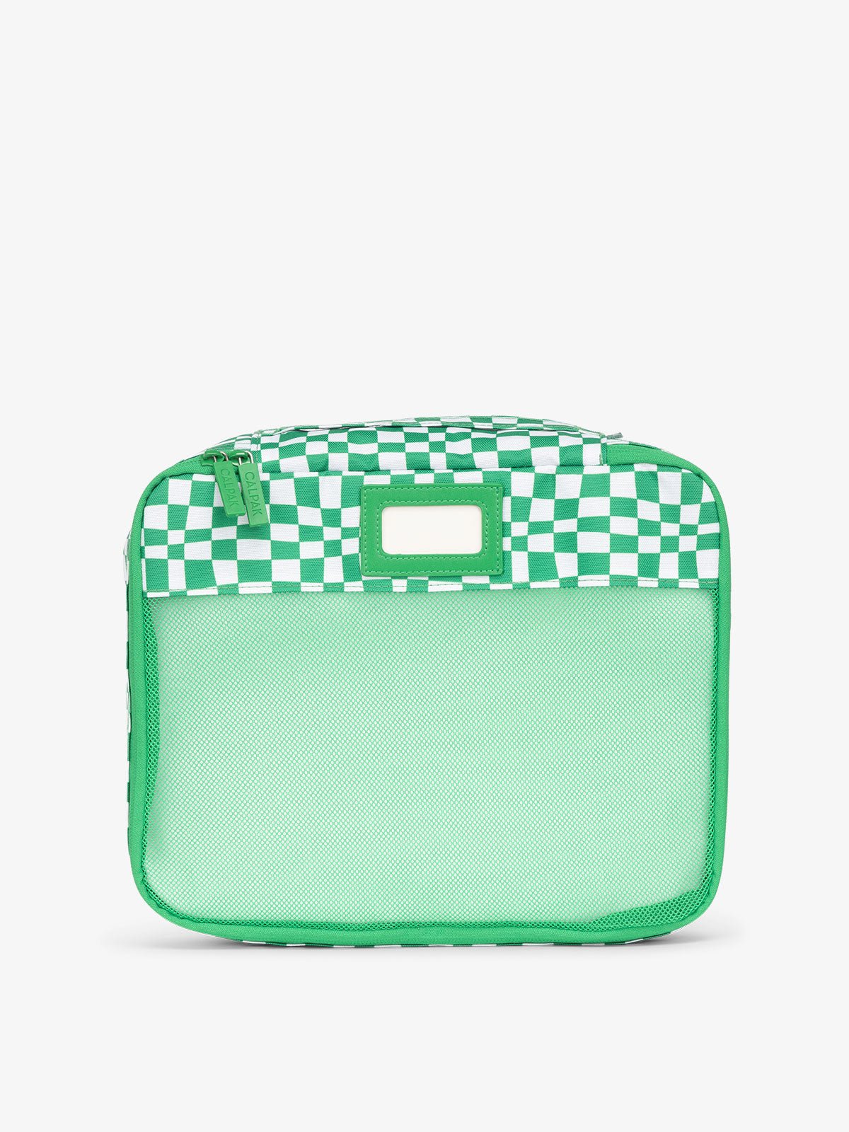 CALPAK luggage packing cubes for clothes with mesh front and label in green checkerboard