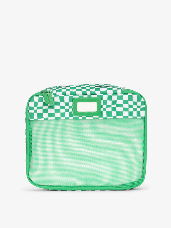 CALPAK luggage packing cubes for clothes with mesh front and label in green checkerboard