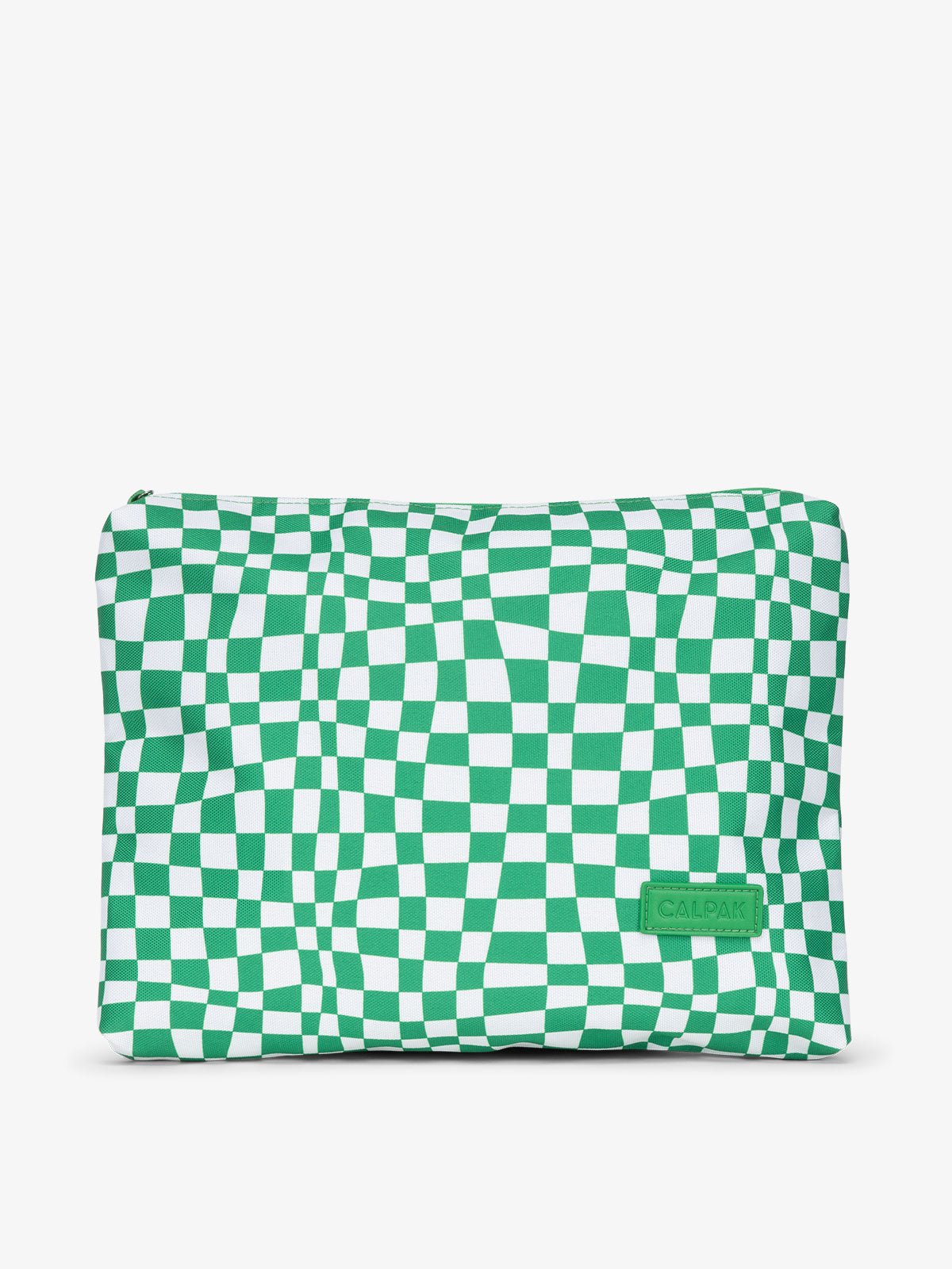 CALPAK water-resistant travel pouch for luggage in green checkerboard