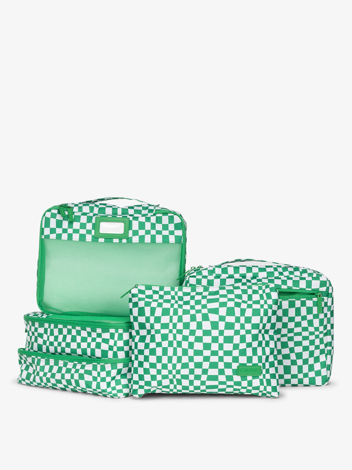 CALPAK 5 piece set packing cubes for travel with labels and top handles in green checkerboard