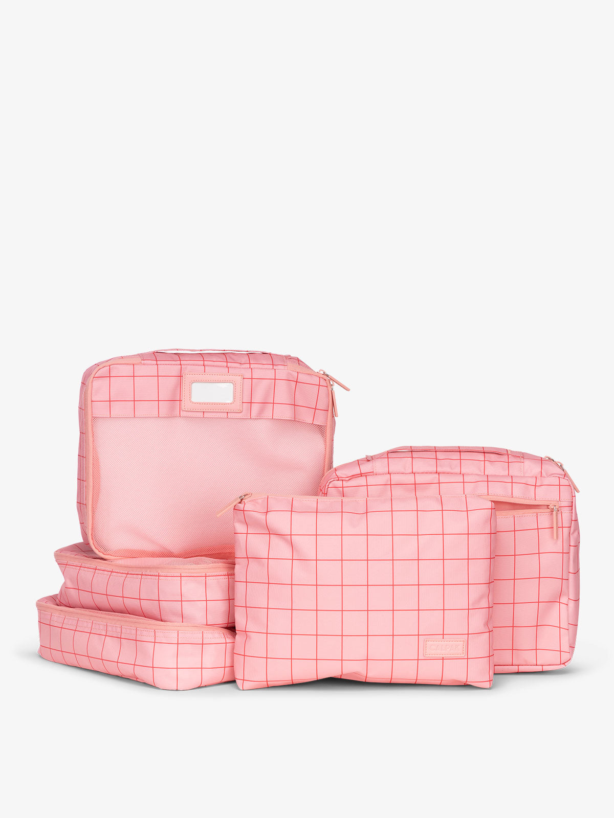 CALPAK 5 piece set packing cubes for travel with labels and top handles in pink grid