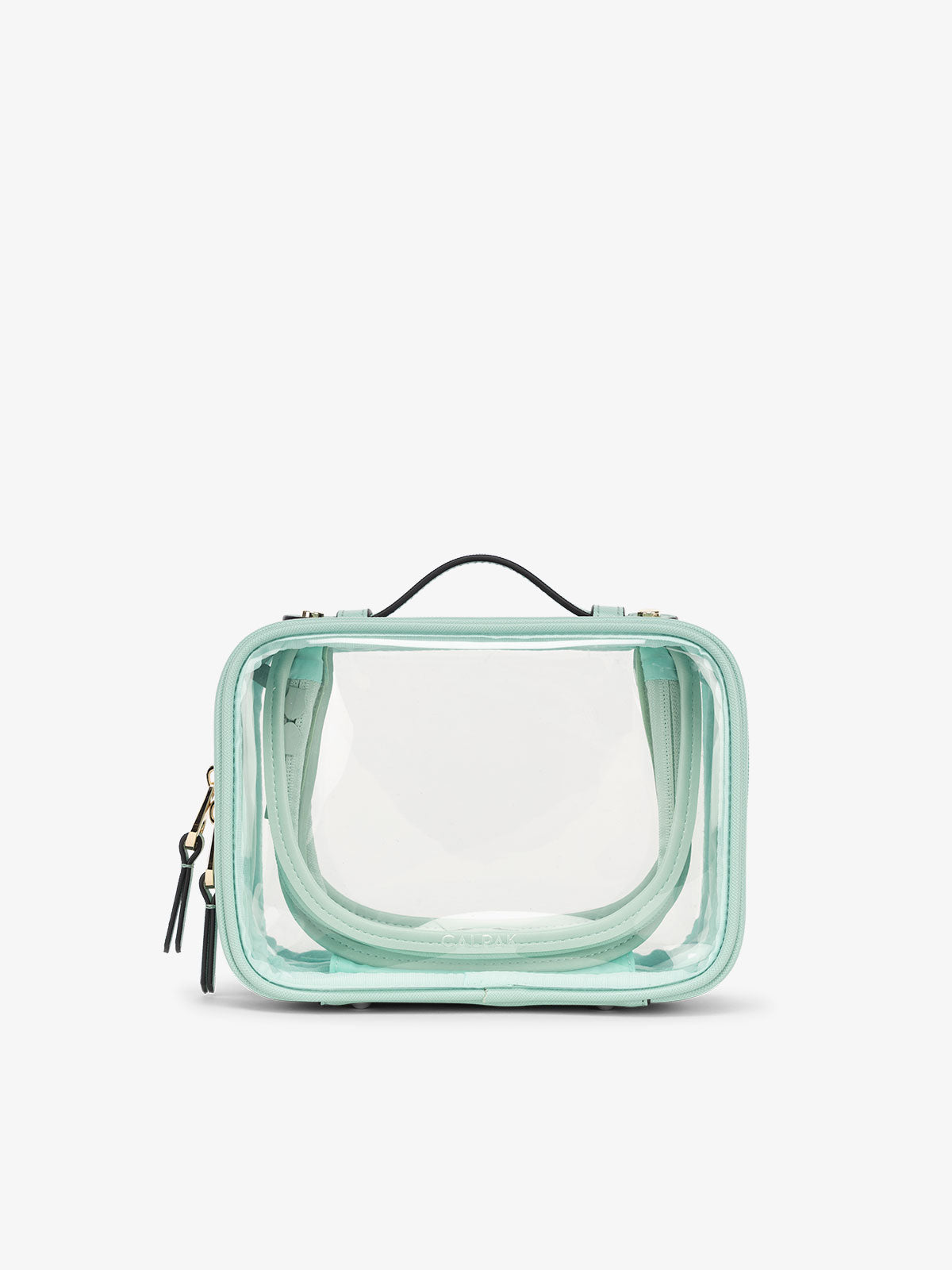 CALPAK small clear makeup bag with zippered compartments in  aqua