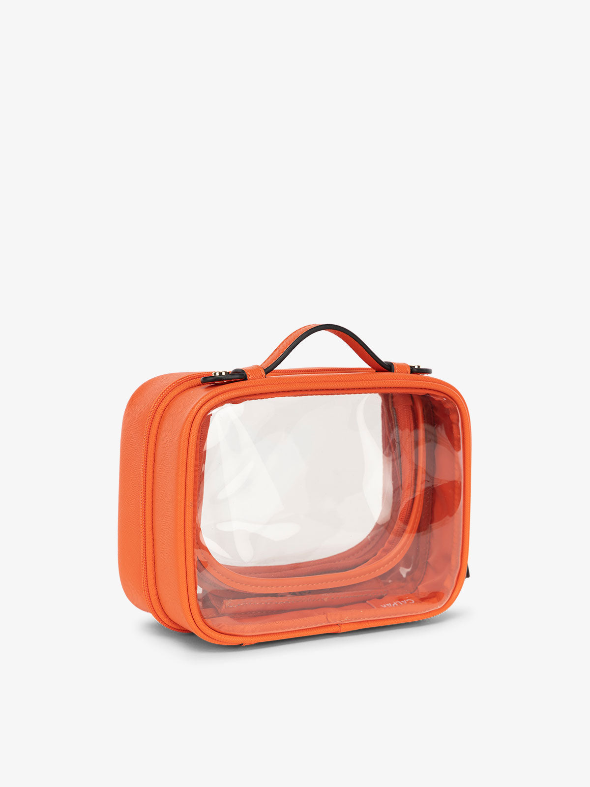 CALPAK small water resistant clear cosmetics case with sturdy handles in papaya orange