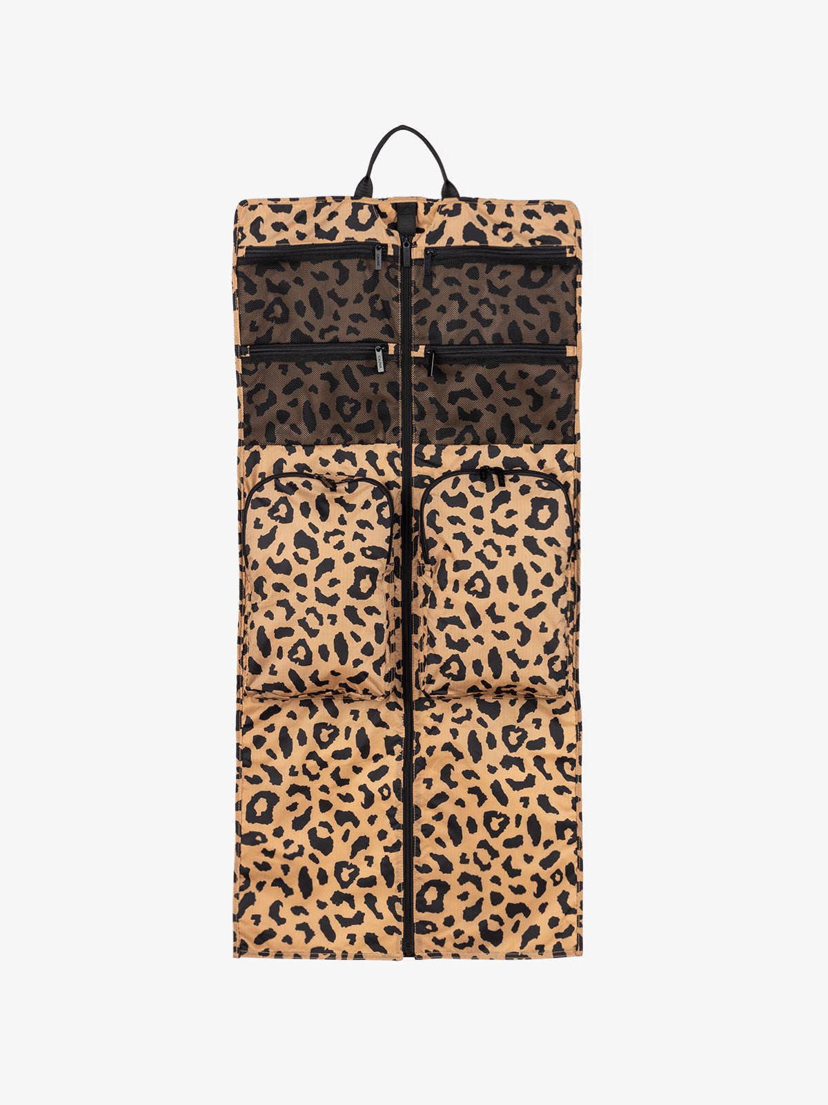 small garment bag with compartments in cheetah