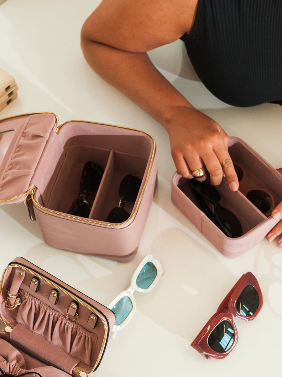 CALPAK pink hard multiple sunglasses case with mirror