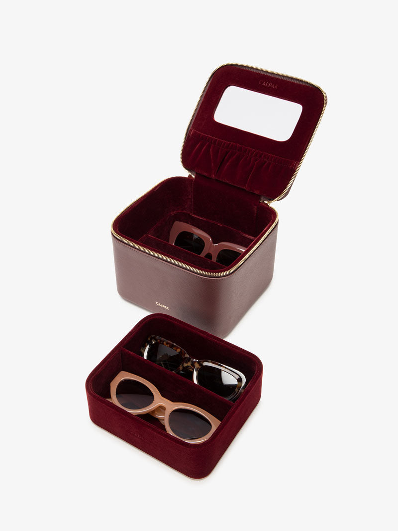 CALPAK hard multiple sunglasses hard case with mirror in burgundy color