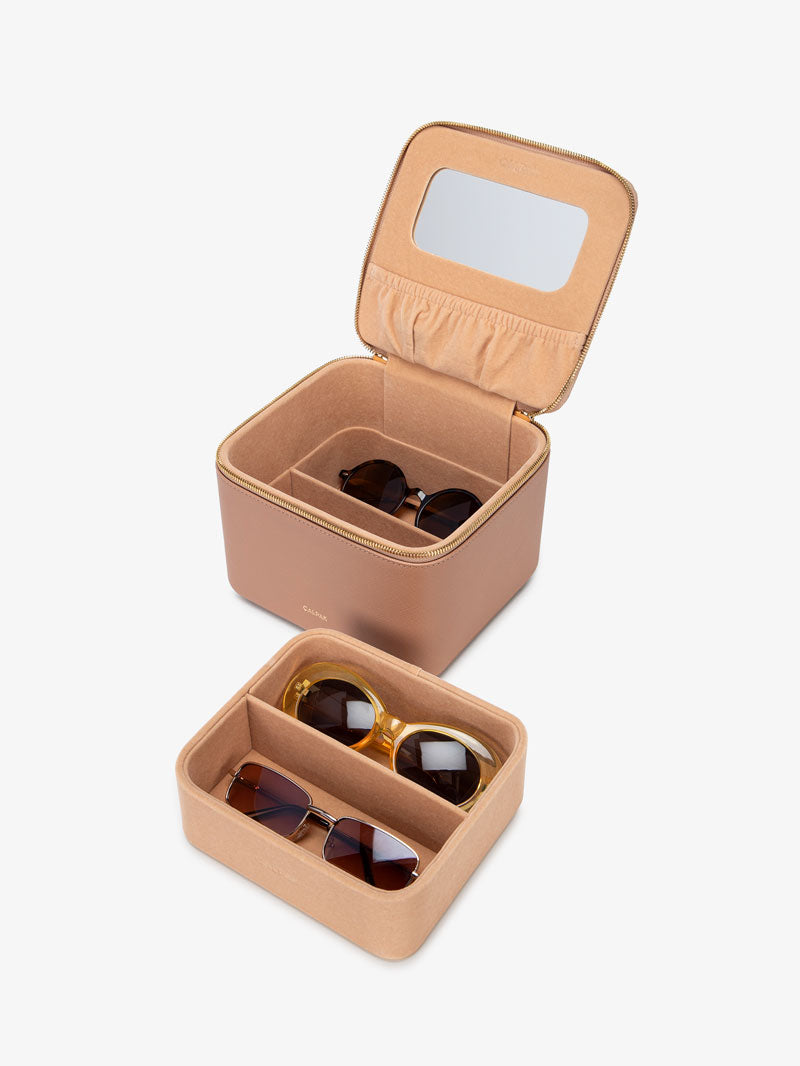 CALPAK hard multiple sunglasses case with mirror in caramel color