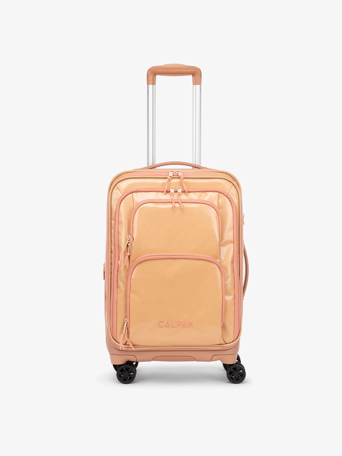 CALPAK Terra Carry-On Luggage front soft shell view with 360 spinner wheels in canyon