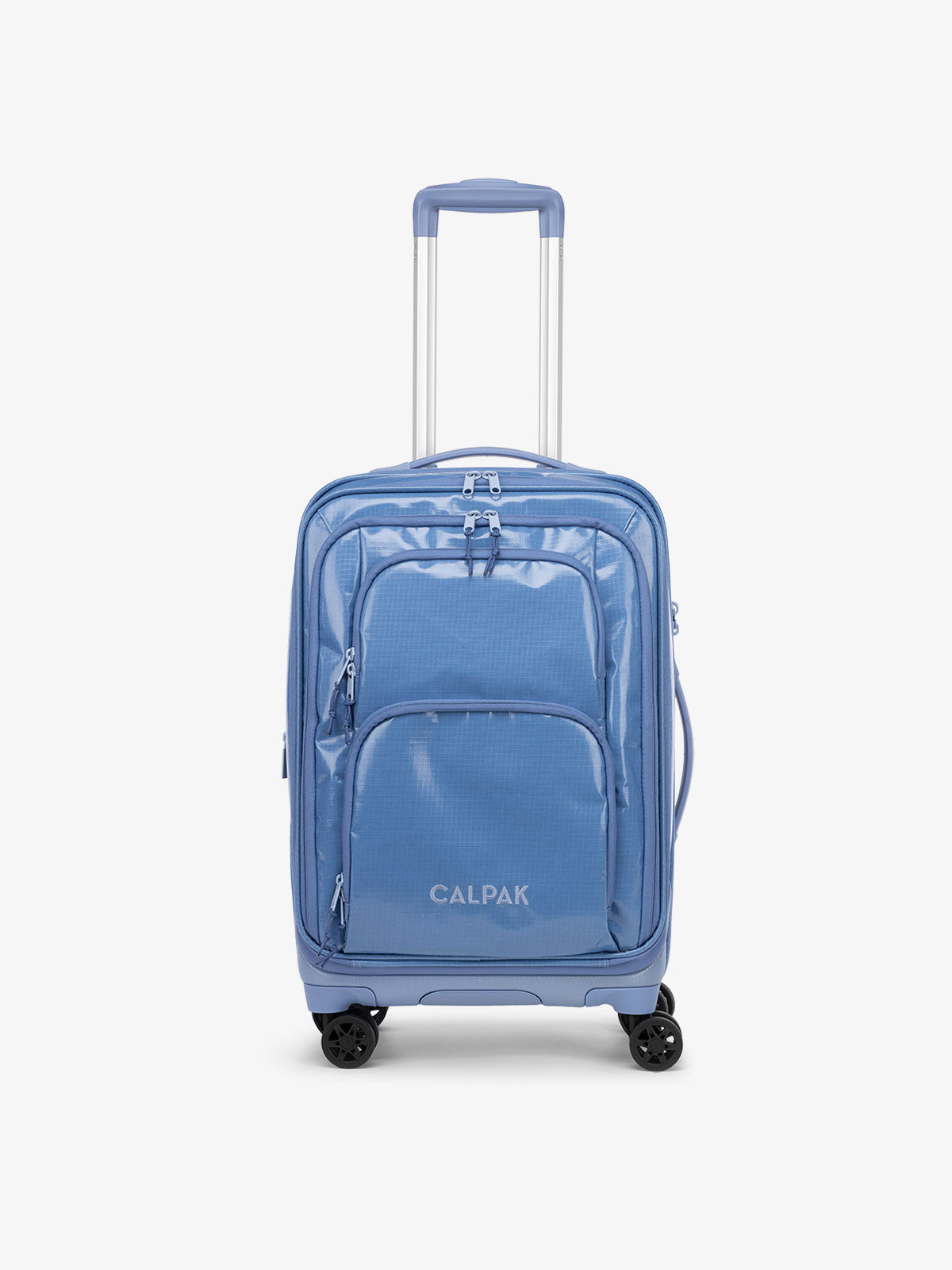 CALPAK Terra Carry-On Luggage front soft shell view with 360 spinner wheels in glacier
