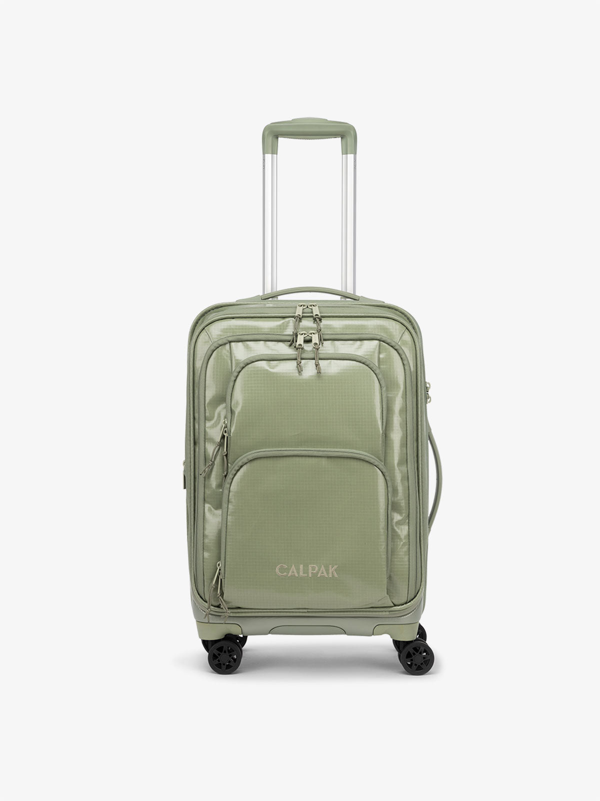 CALPAK Terra Carry-On Luggage front soft shell view with 360 spinner wheels in juniper