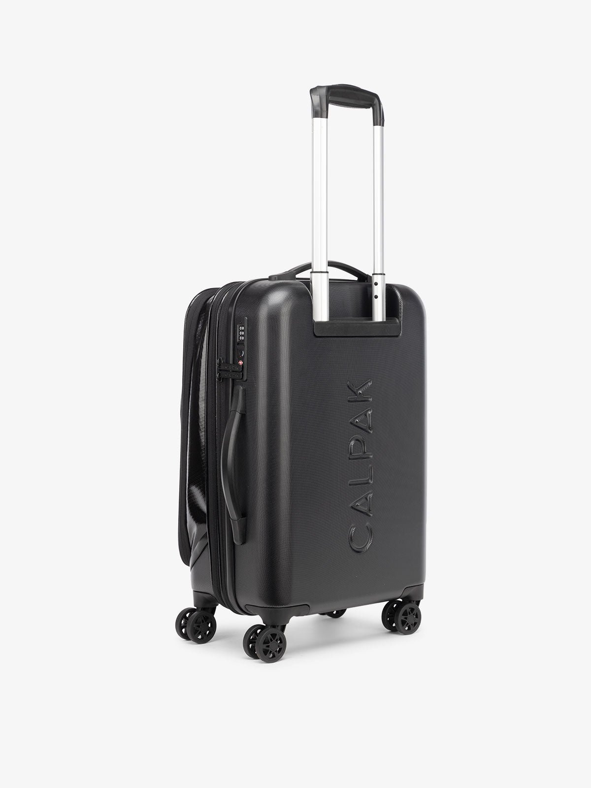 CALPAK Terra Carry-On Luggage hard shell back view with 360 spinner wheels and grab handles  in obsidian