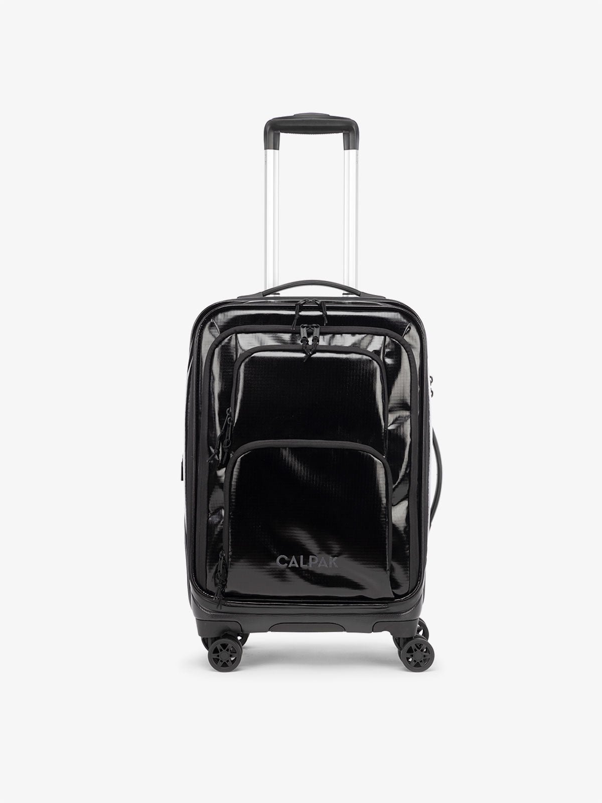 CALPAK Terra Carry-On Luggage soft shell view with 360 spinner wheels in obsidian
